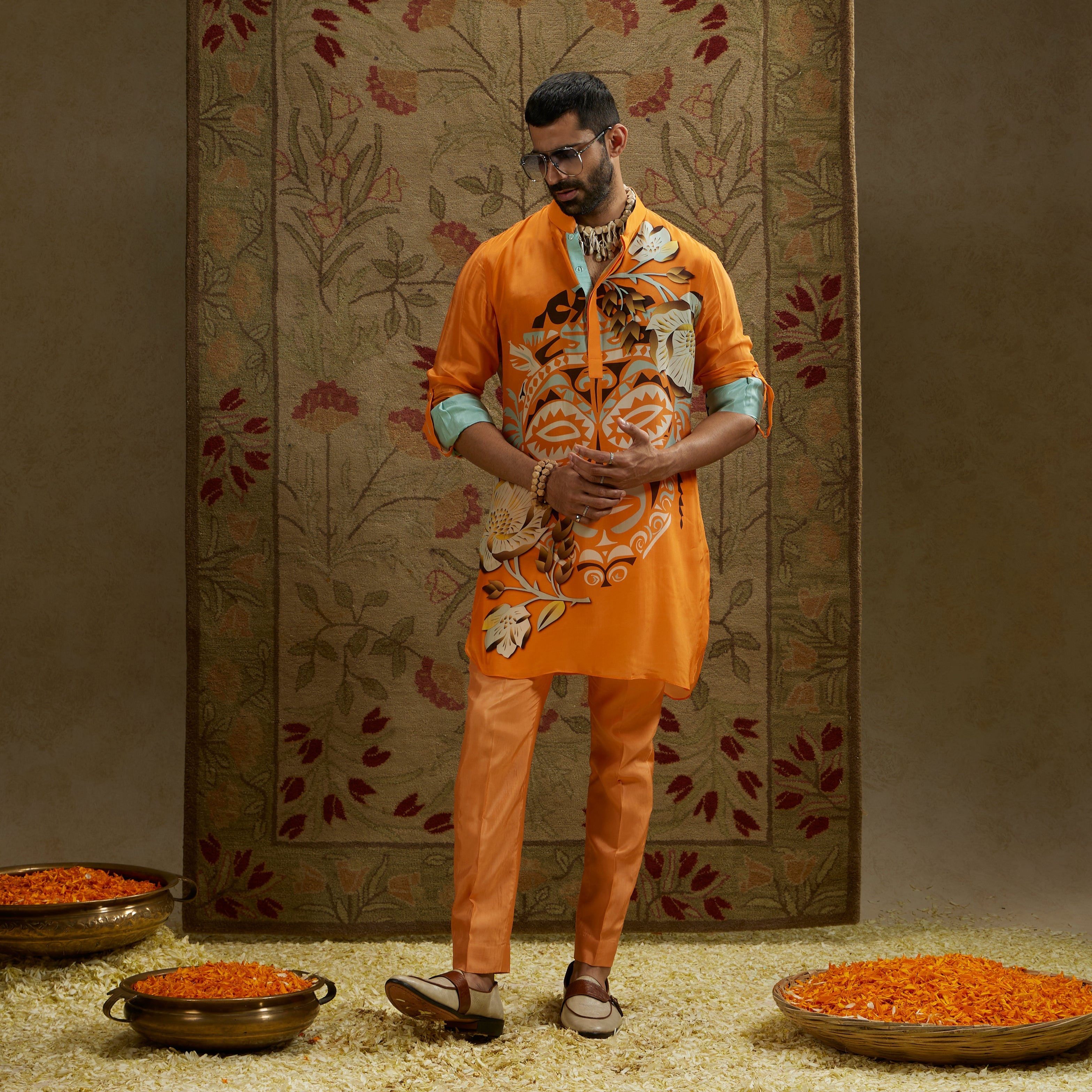Orange Mask Print Rolled Up Sleeves