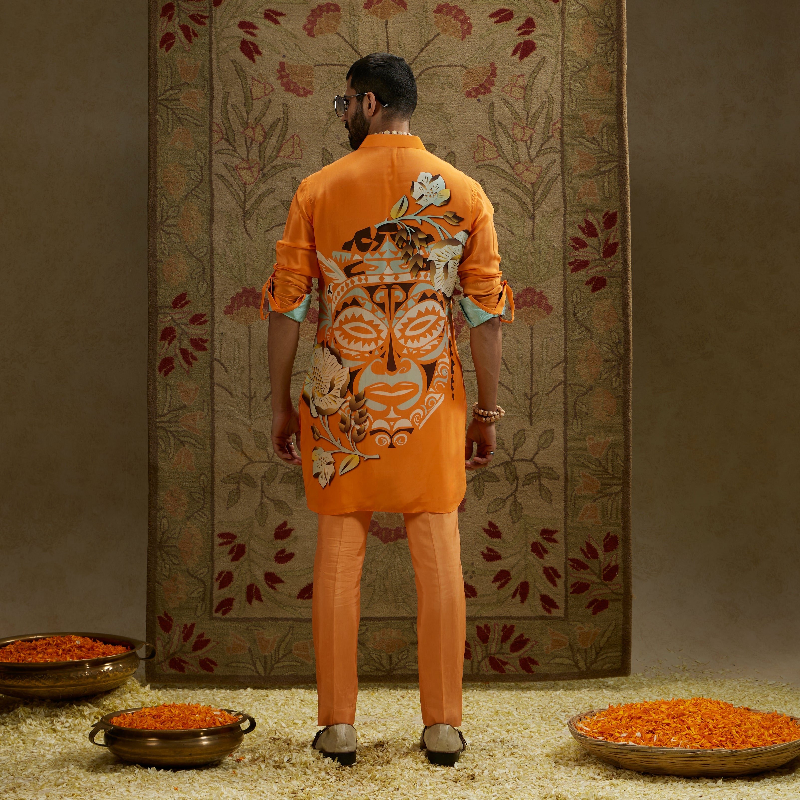 Orange Mask Print Rolled Up Sleeves