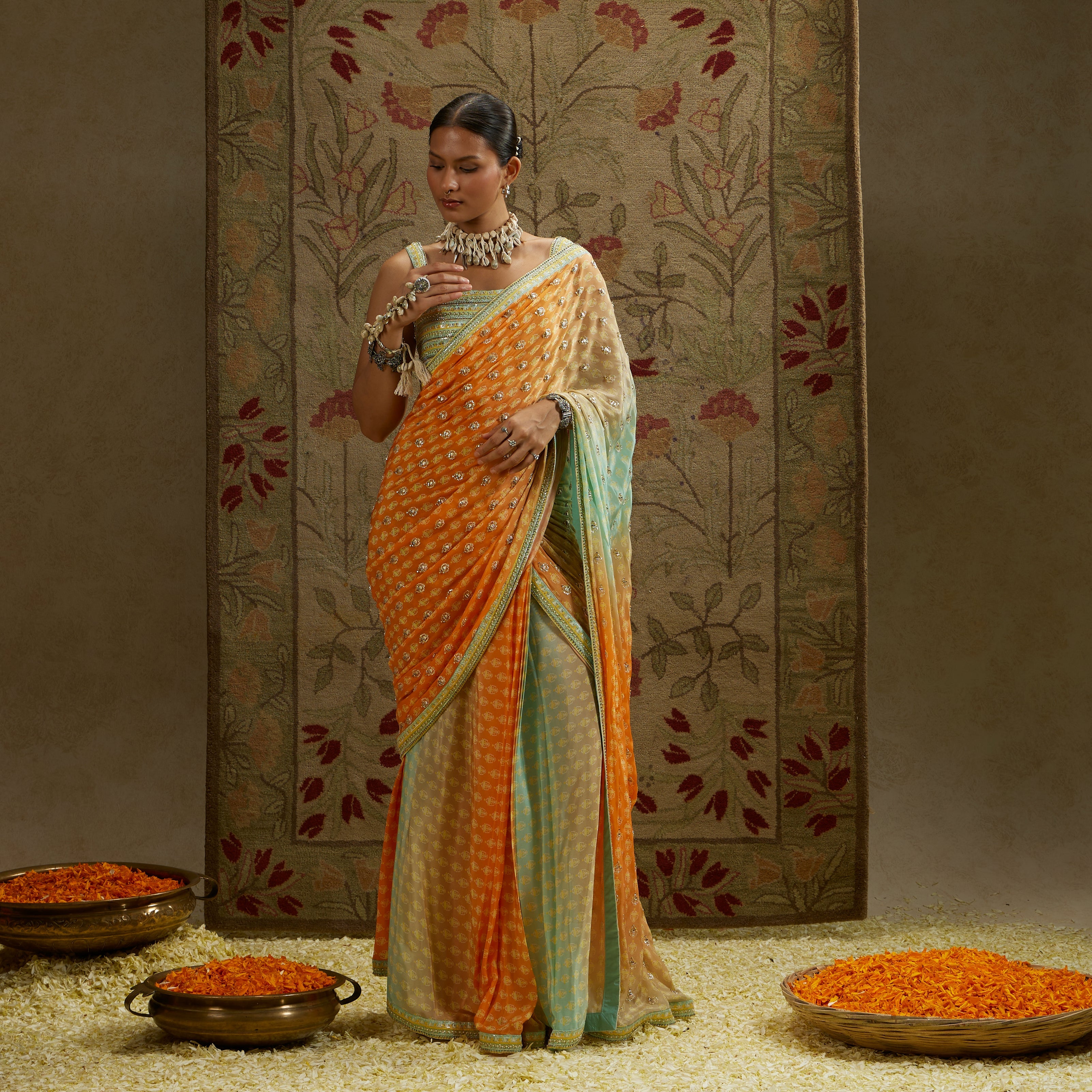 Teal Blue Orangza Embellished Saree Paired With Embellished Blouse