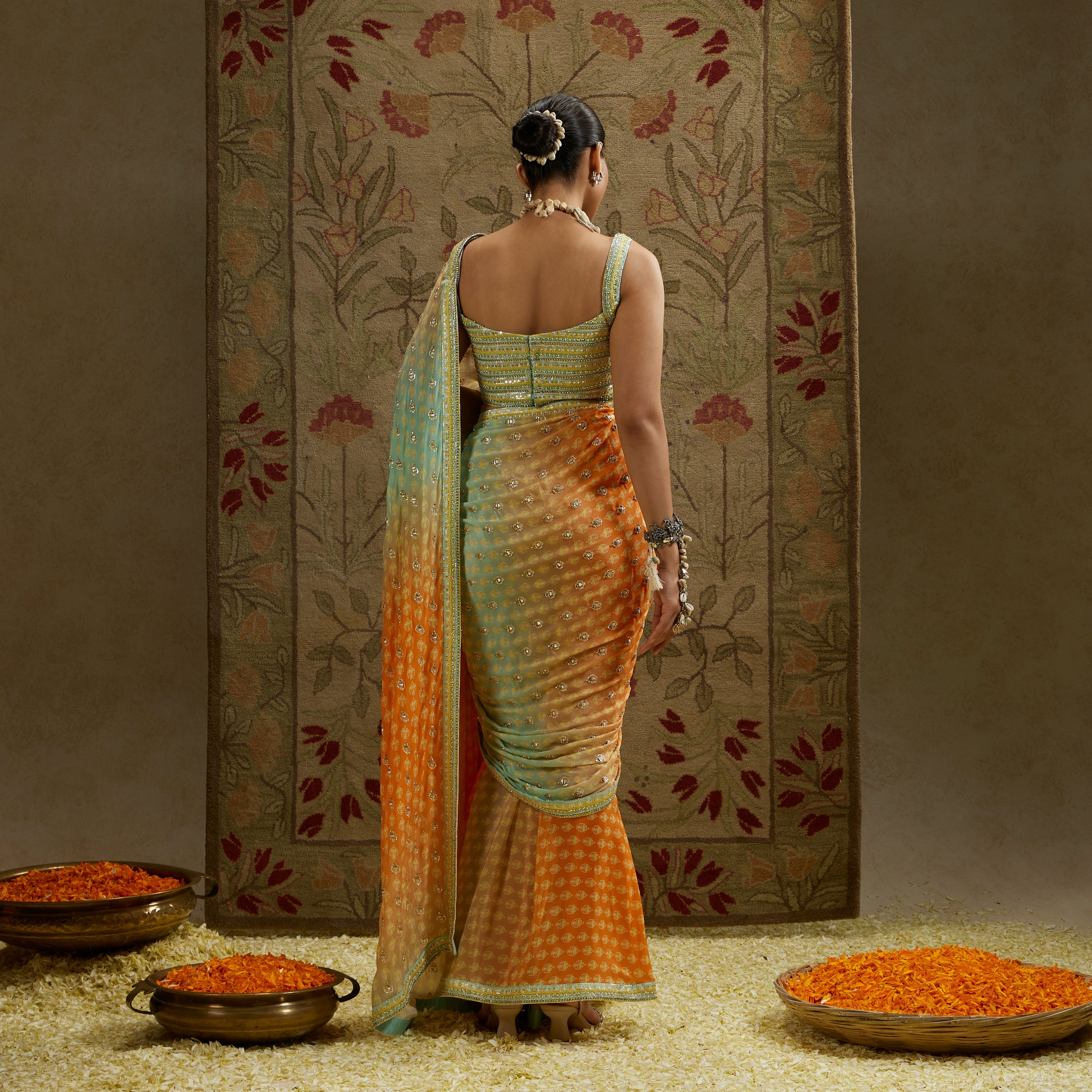 Teal Blue Orangza Embellished Saree Paired With Embellished Blouse