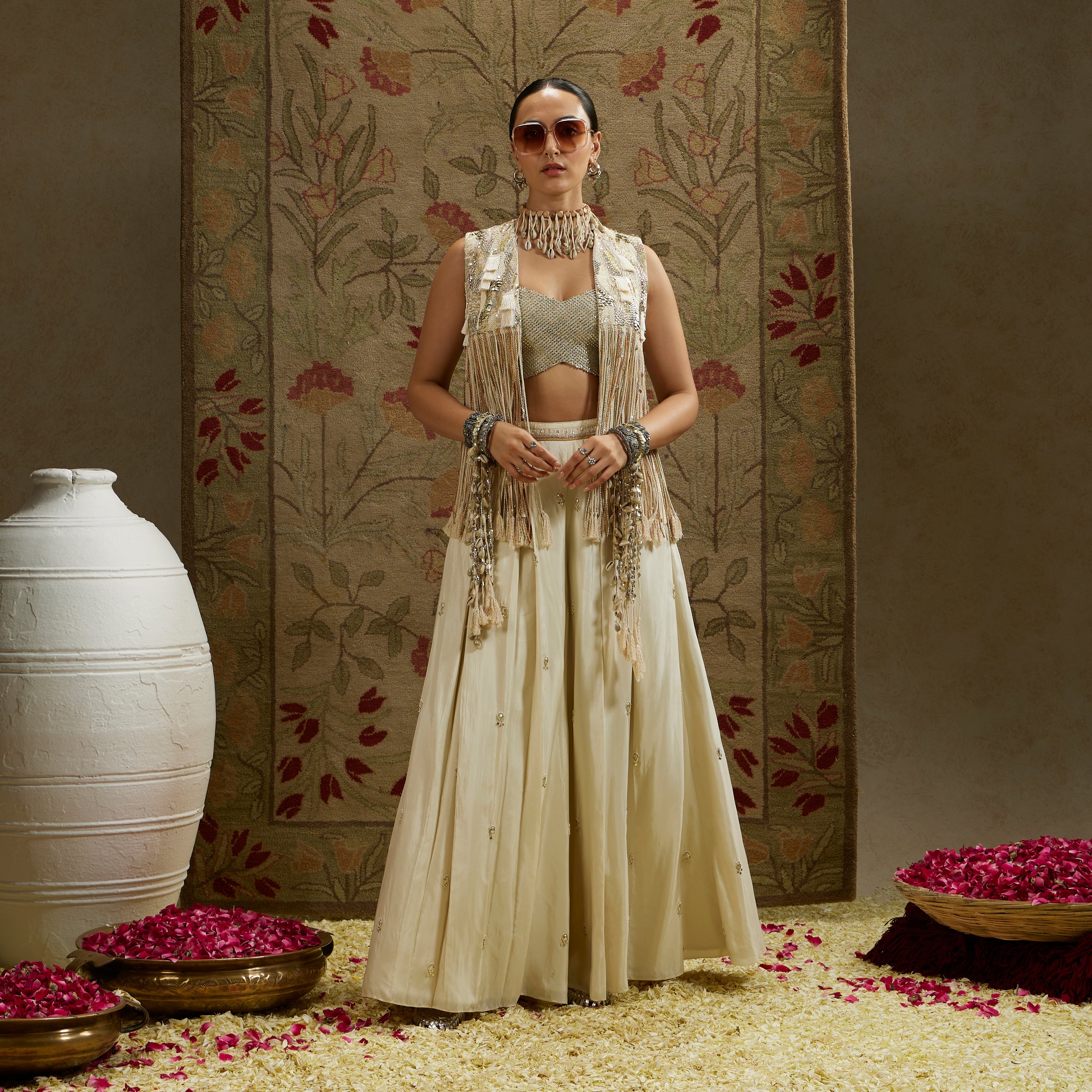 Magnolia Threadwork Fringe Jacket Paired Wth Metallic Bustier And Embellised Flared Pants