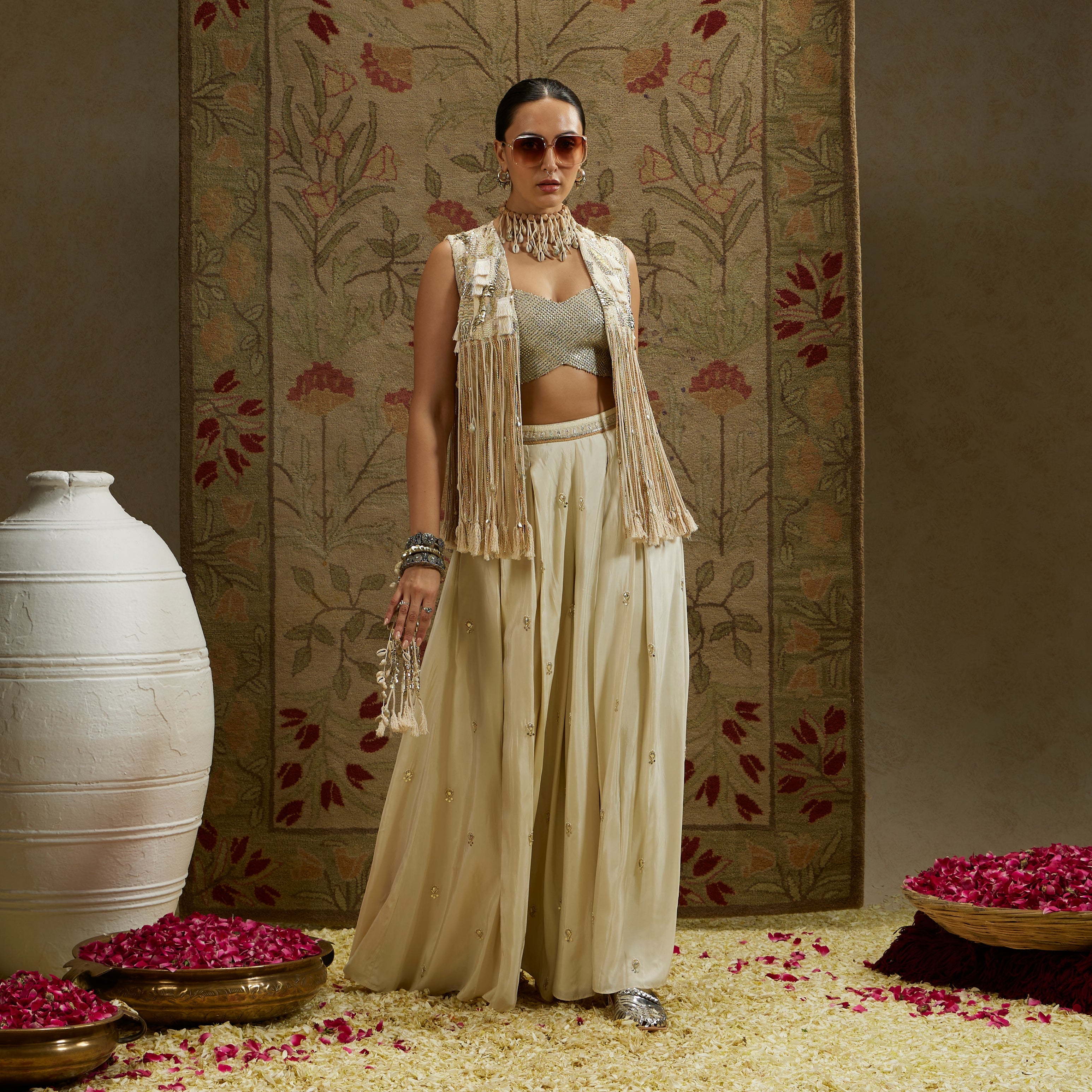Magnolia Threadwork Fringe Jacket Paired Wth Metallic Bustier And Embellised Flared Pants