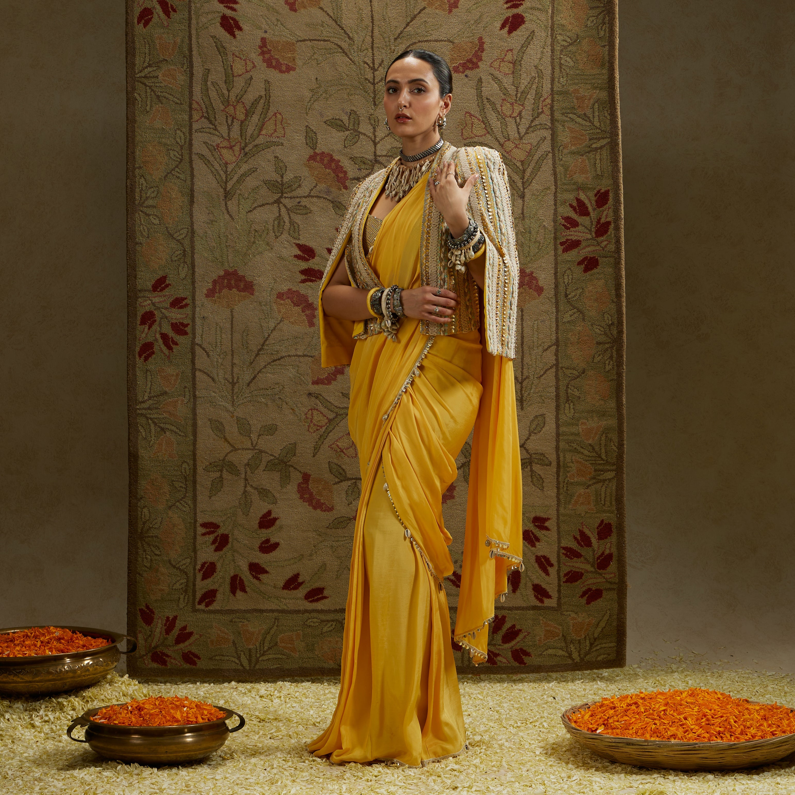 Dandelion Pre-Draped Saree Paired With Metal Embellished Bustier