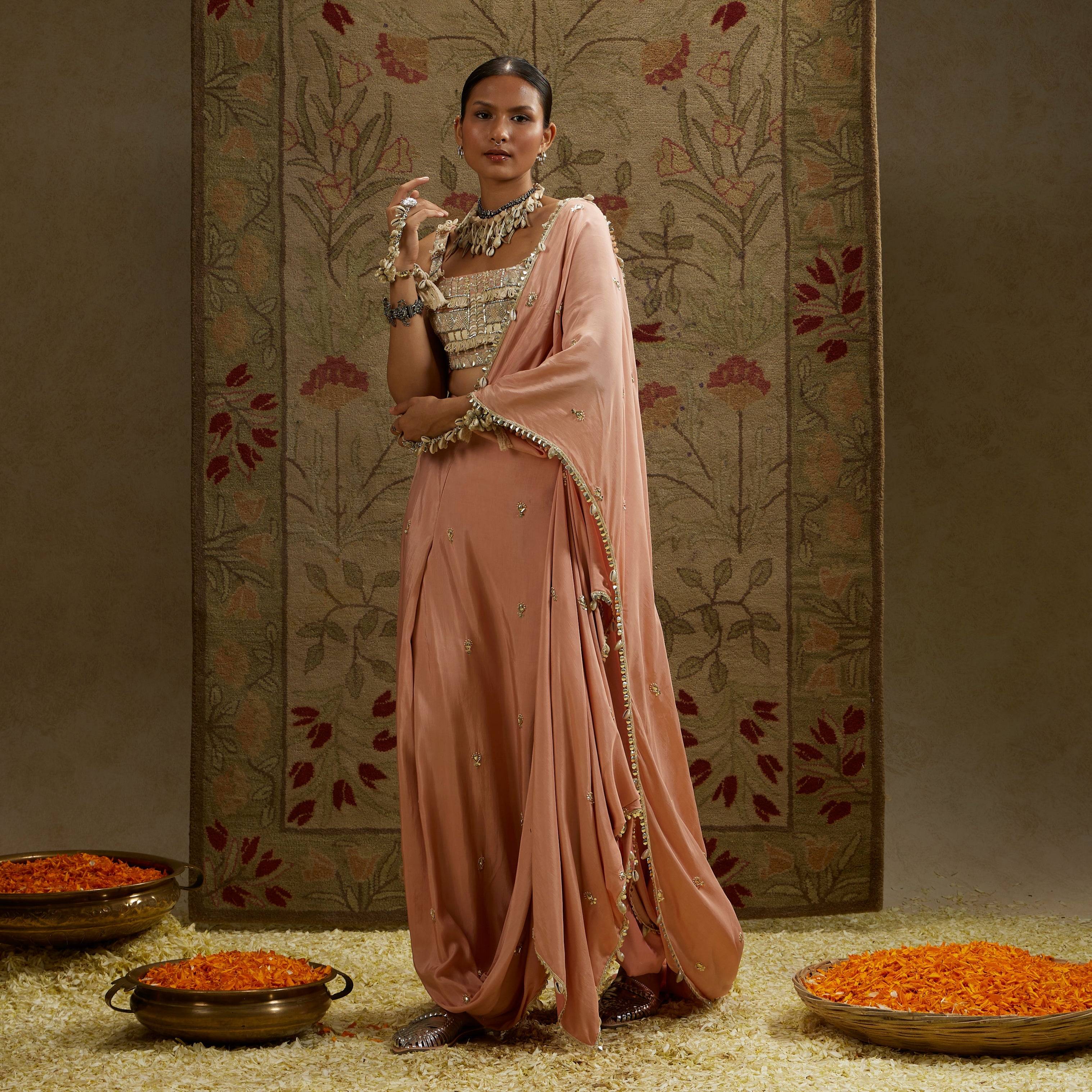 Pink Embellished Saree Paired With Embellished Bustier And Draped Skirt