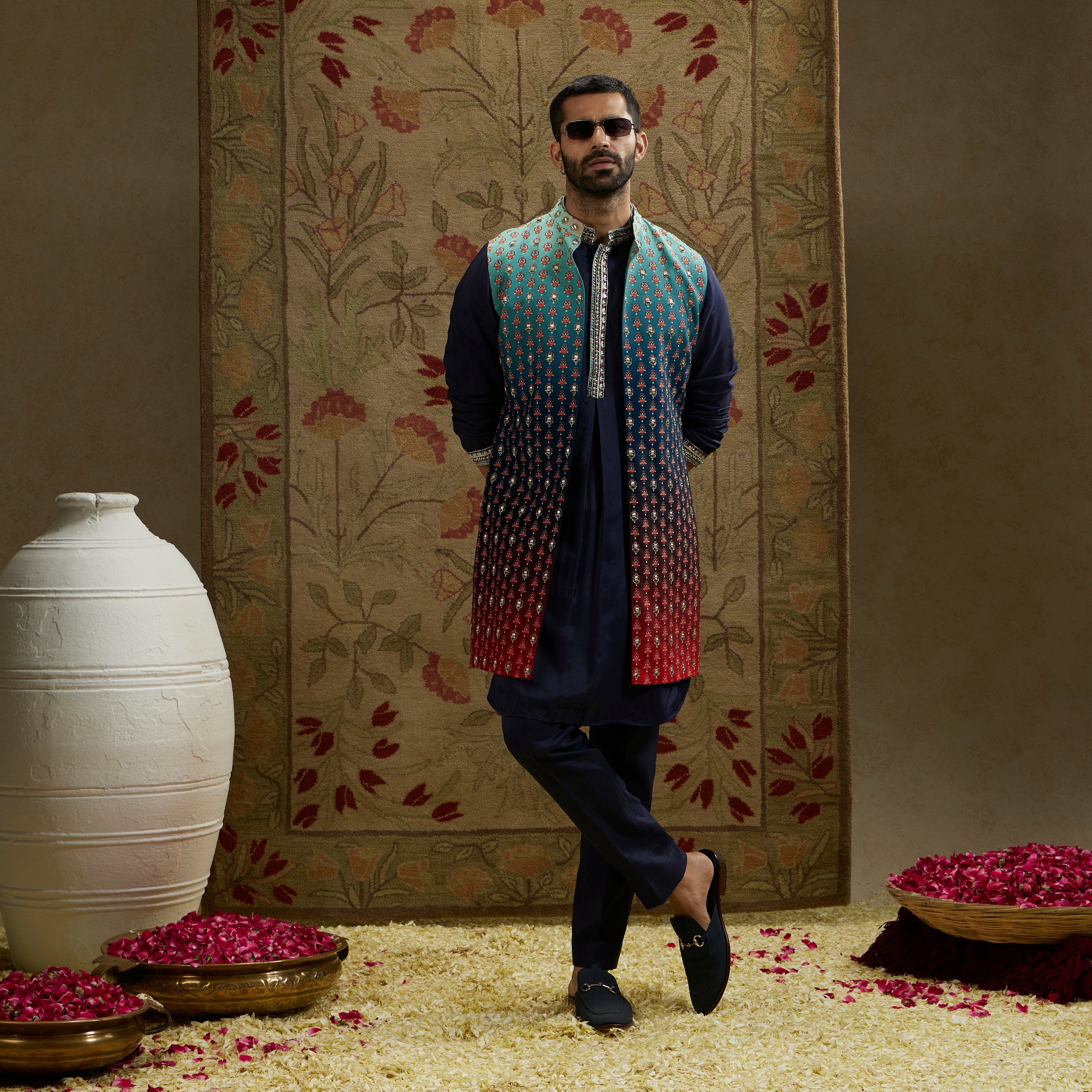 Blue Red Ombre Embroidered Long Bundi Set