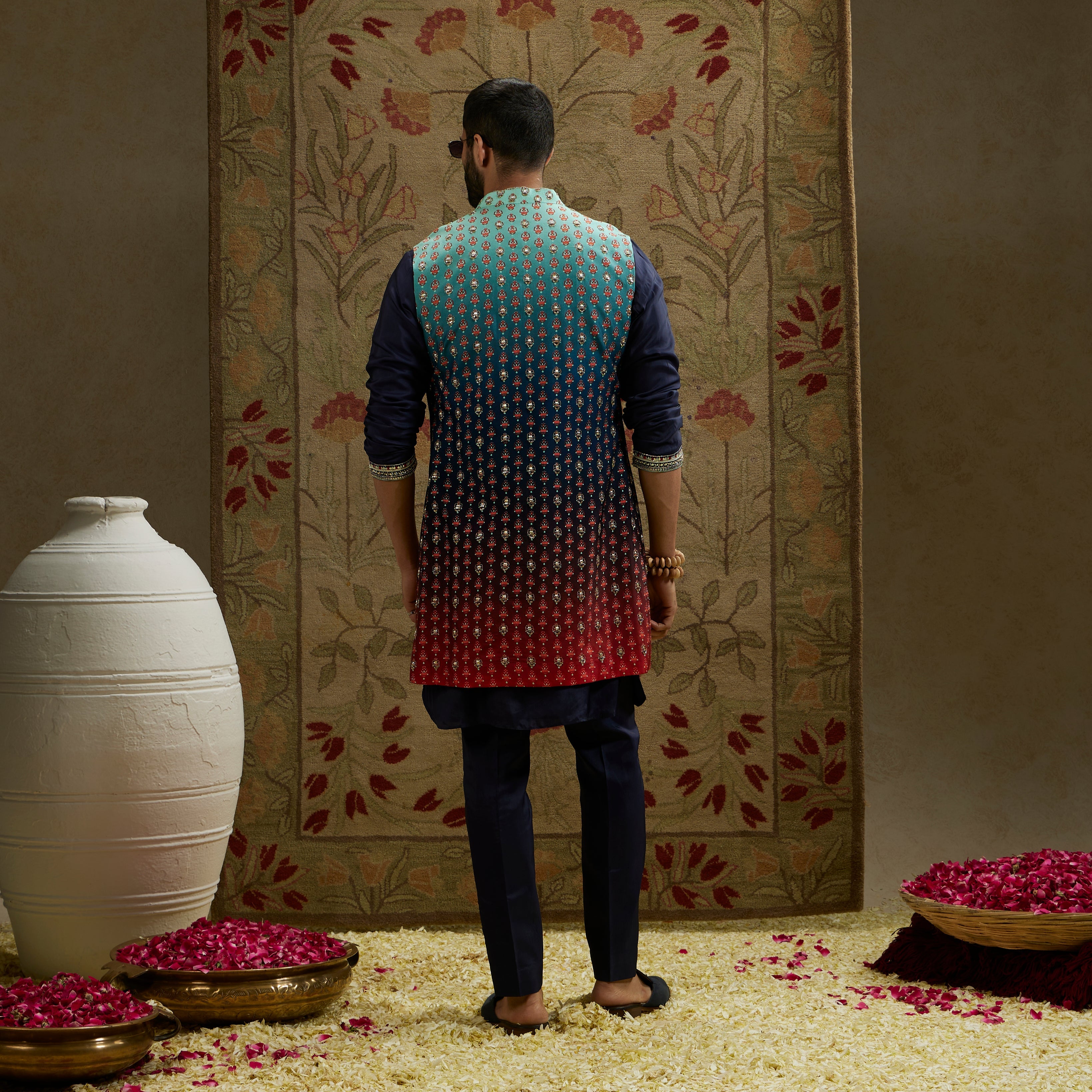 Blue Red Ombre Embroidered Long Bundi