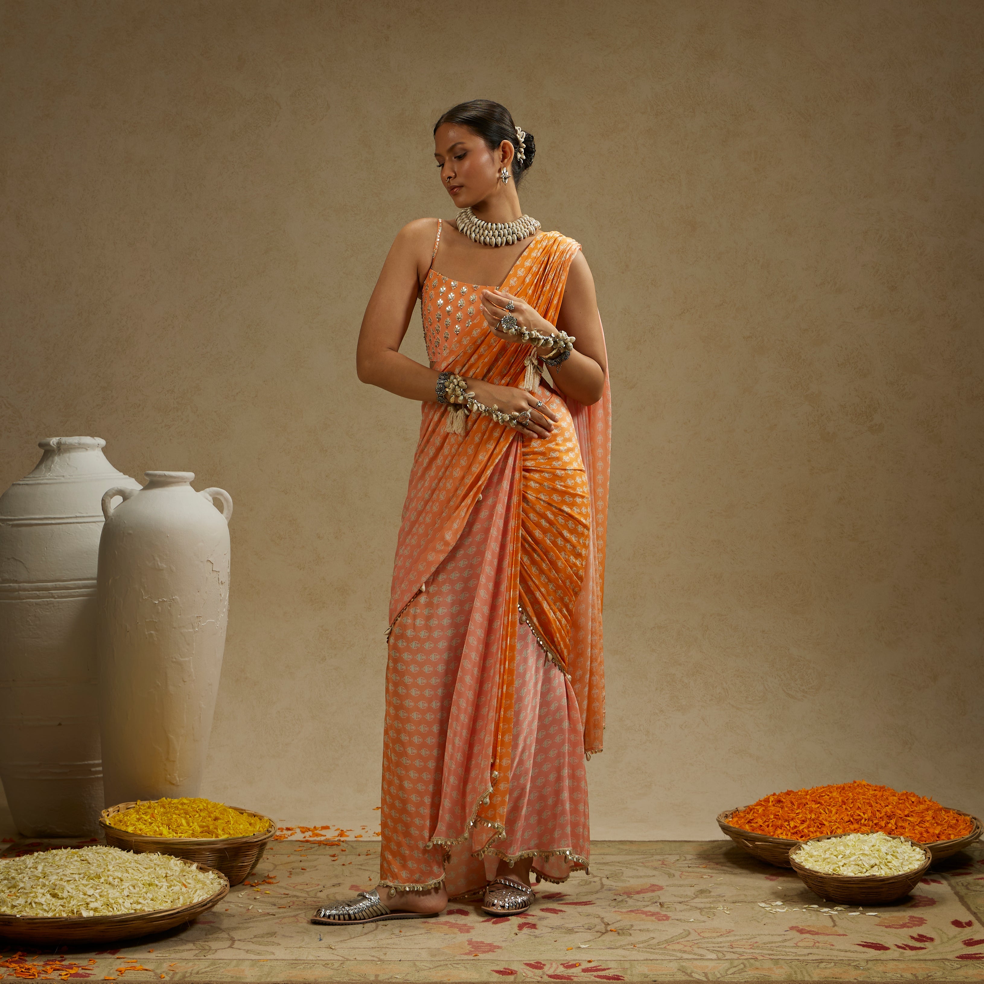 Orange Pink Ombre Print Cascade Saree With Bustier
