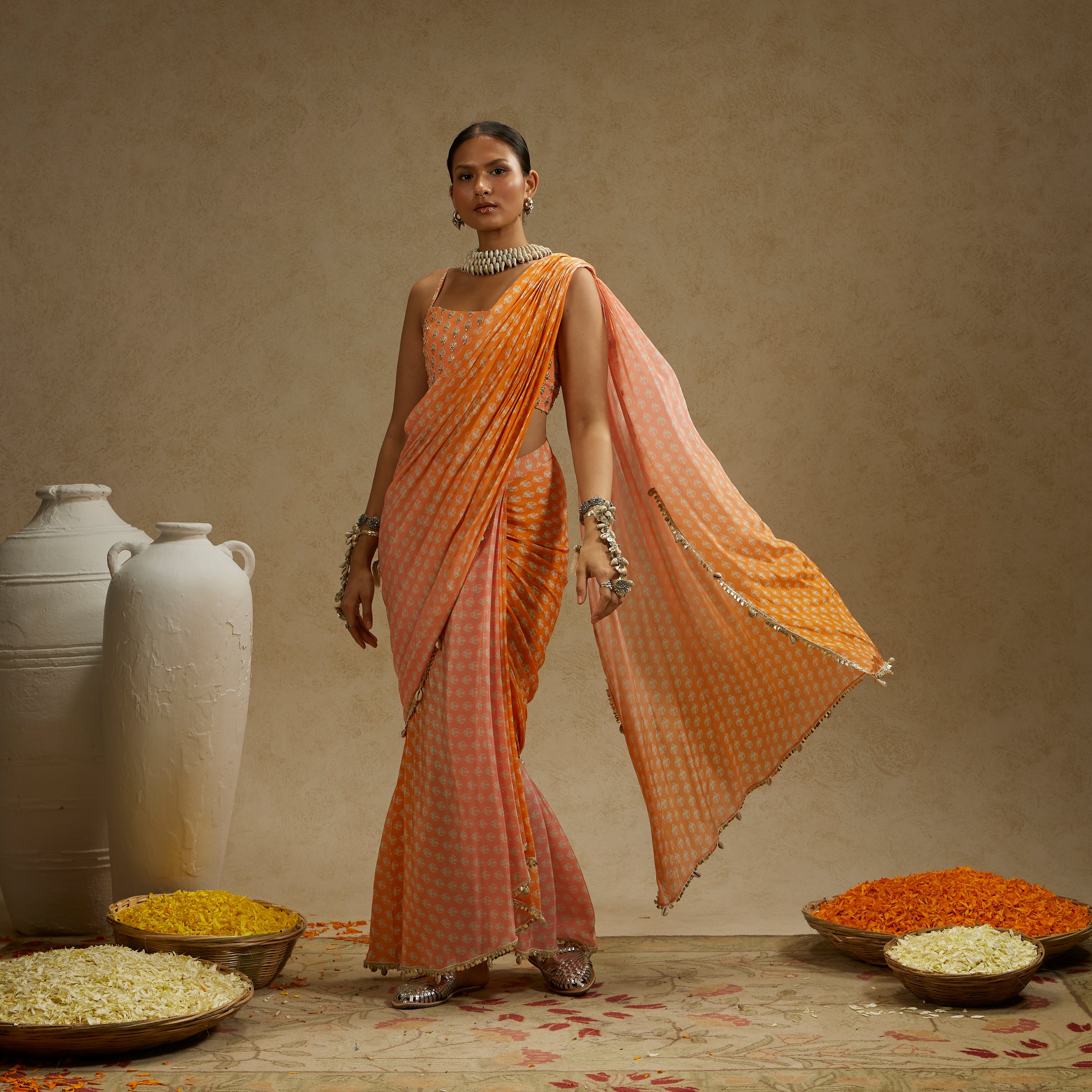 Orange Pink Ombre Print Cascade Saree With Bustier