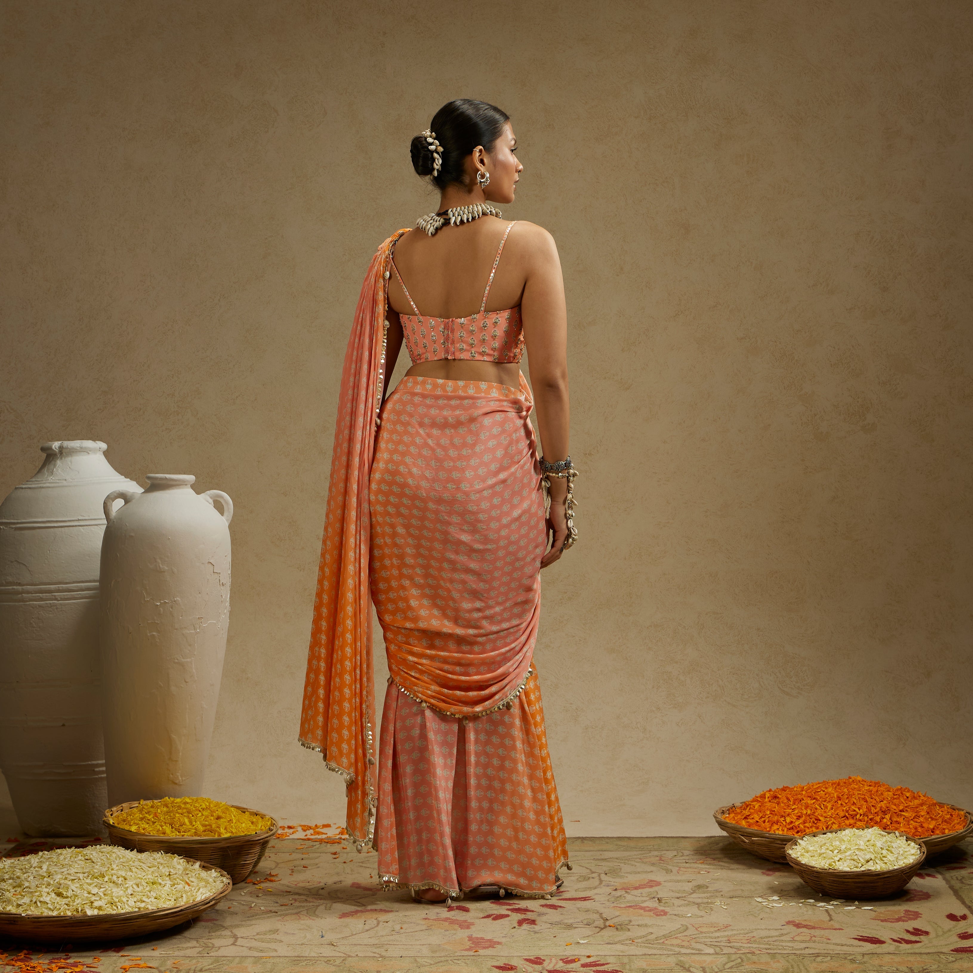 Orange Pink Ombre Print Cascade Saree With Bustier