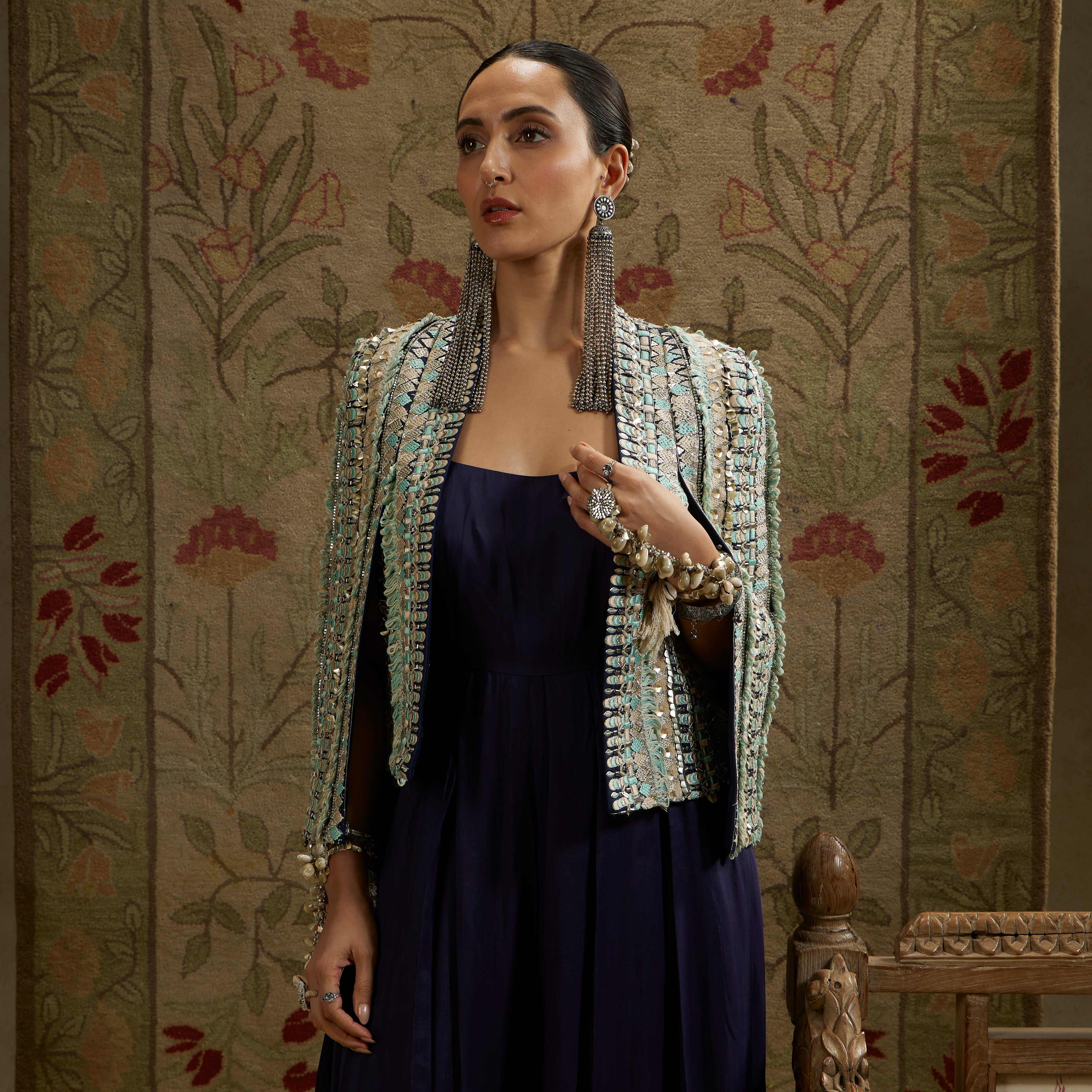 Teal Blue Embellished Jacket