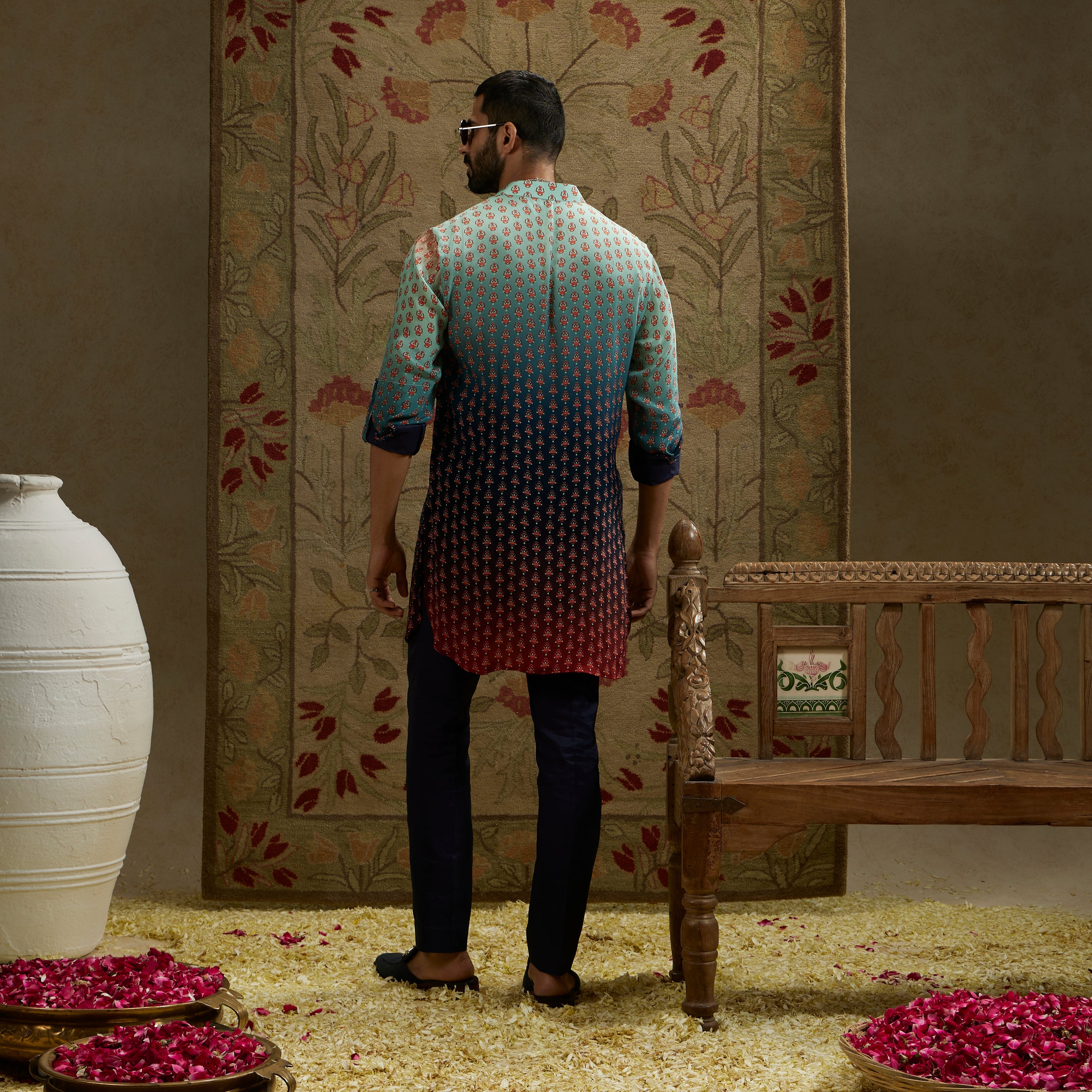 Blue Red Ombre Butti Print Rolled Up Sleeves