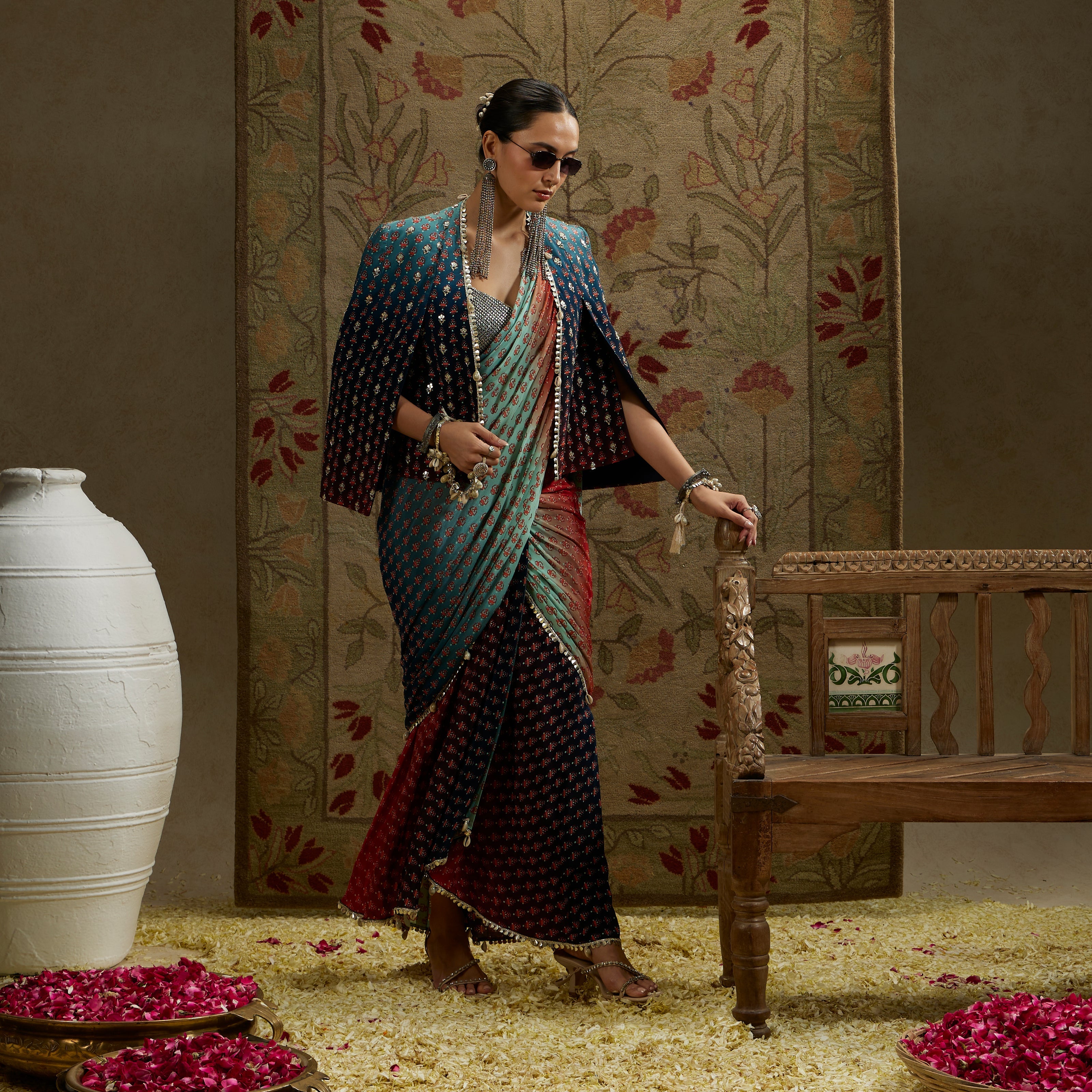 Red & Blue Ombre Print Cascade Saree With Metal Embellished Bustier Paired With Blue Ombre Embellished Cape Jacket