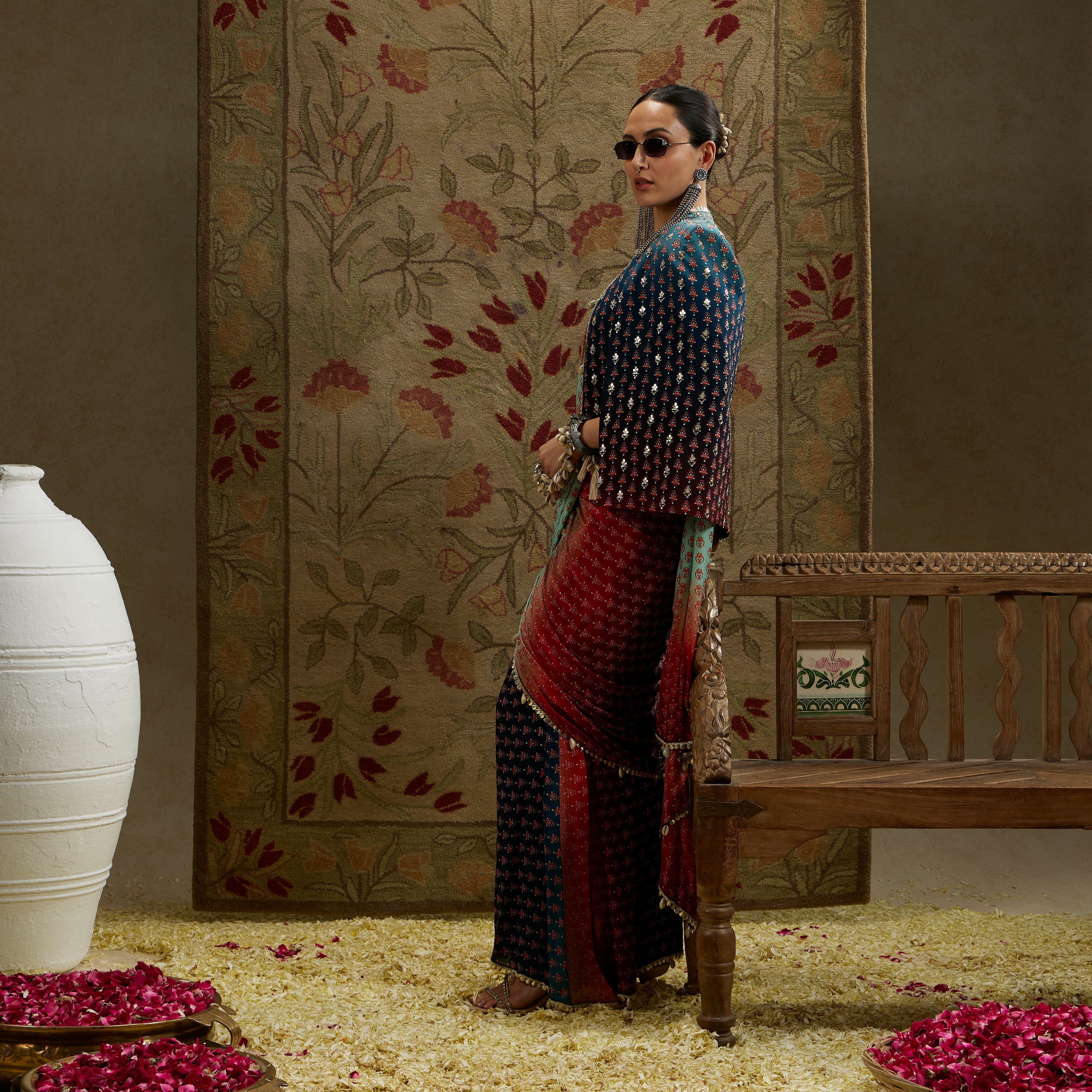 Red & Blue Ombre Print Cascade Saree With Metal Embellished Bustier