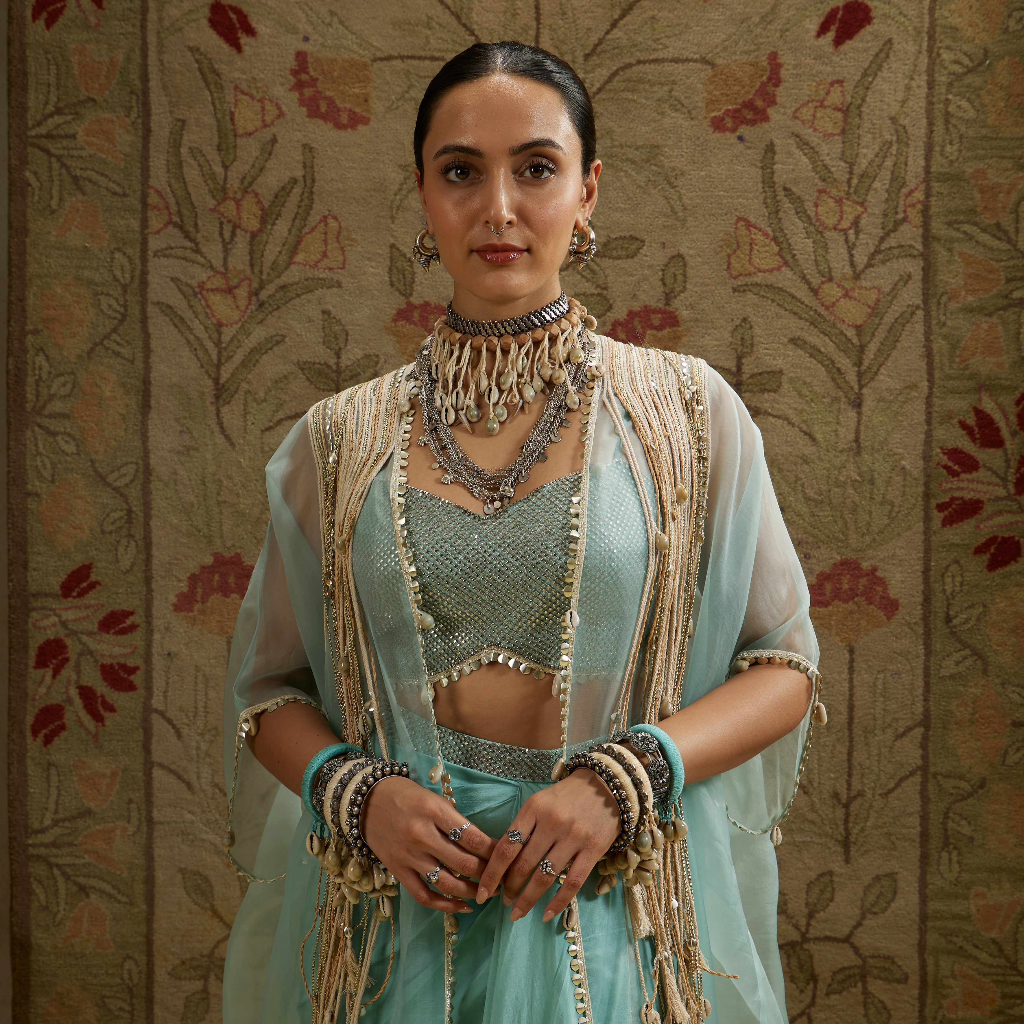 Teal Blue Thread Tassle Cape Paired With Metal Embellished Bustier And Drape Skirt