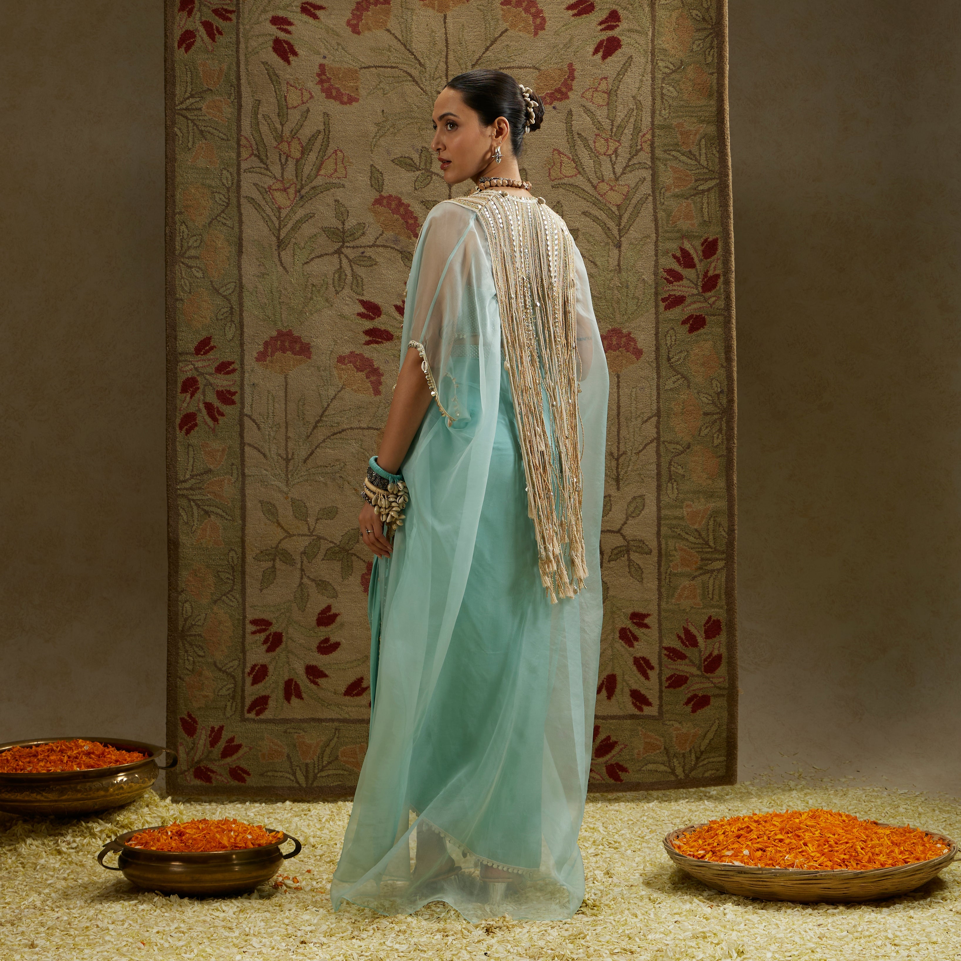 Teal Blue Thread Tassle Cape Paired With Metal Embellished Bustier And Drape Skirt