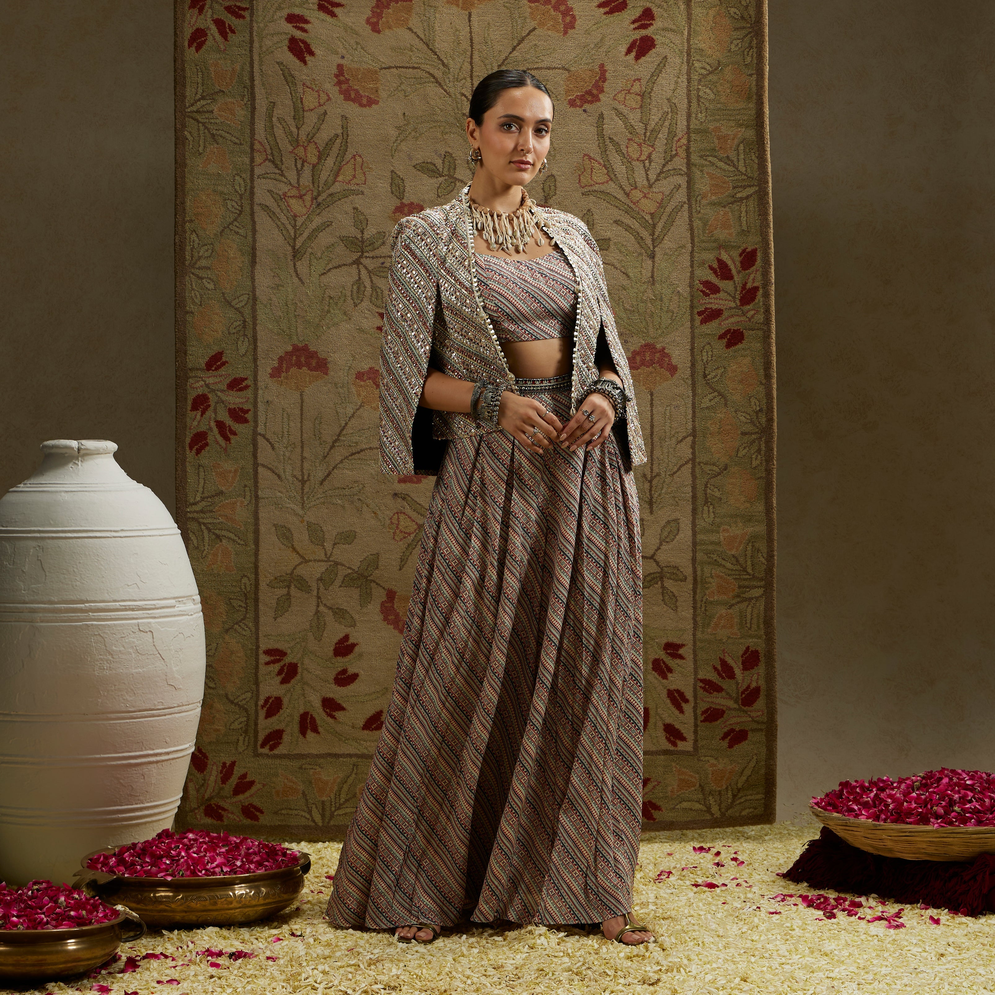 Beige Boho Stripe Print Cape Jacket Set Paired With Flared Pleated Pants And Bustier
