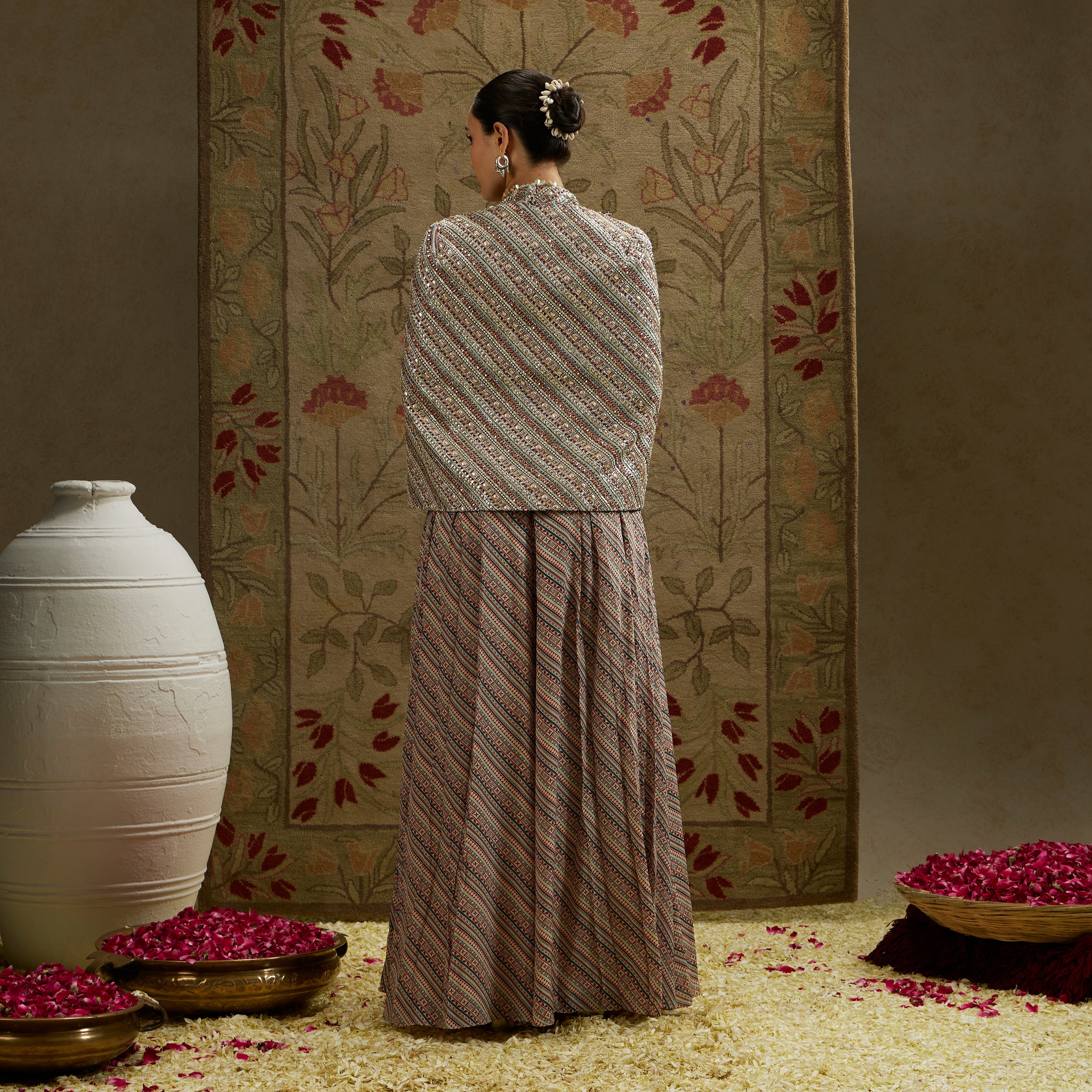 Beige Boho Stripe Print Cape Jacket Set Paired With Flared Pleated Pants And Bustier