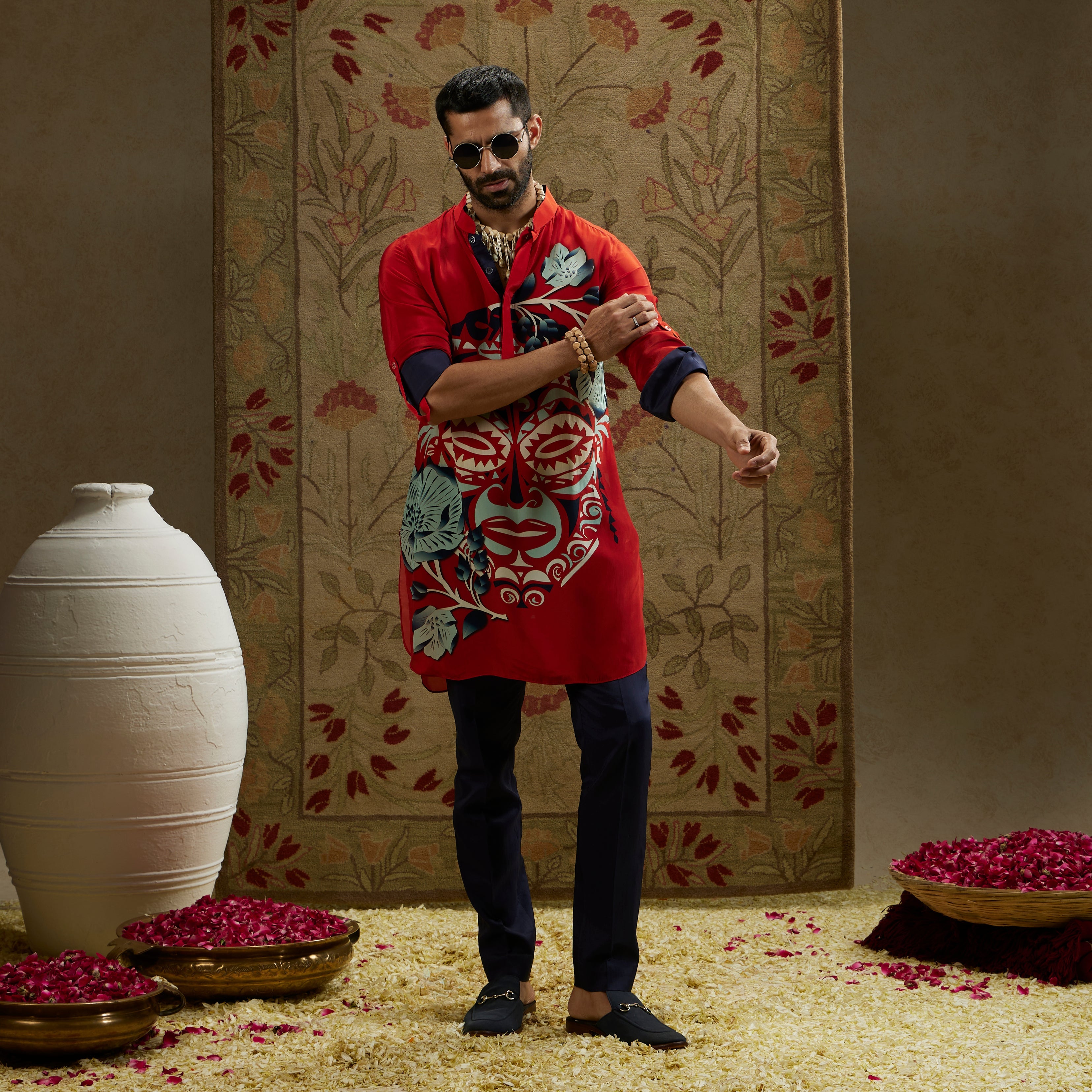 Red Mask Print Rolled Up Sleeves