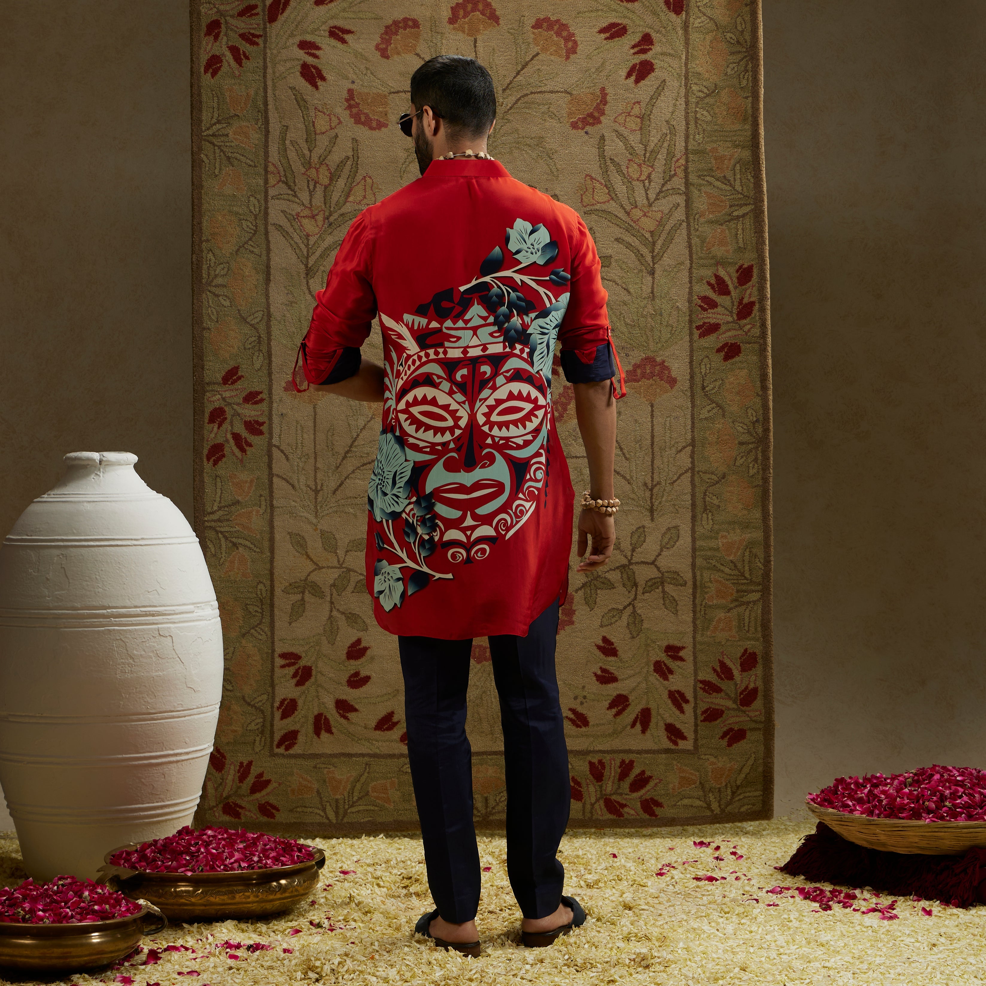 Red Mask Print Rolled Up Sleeves