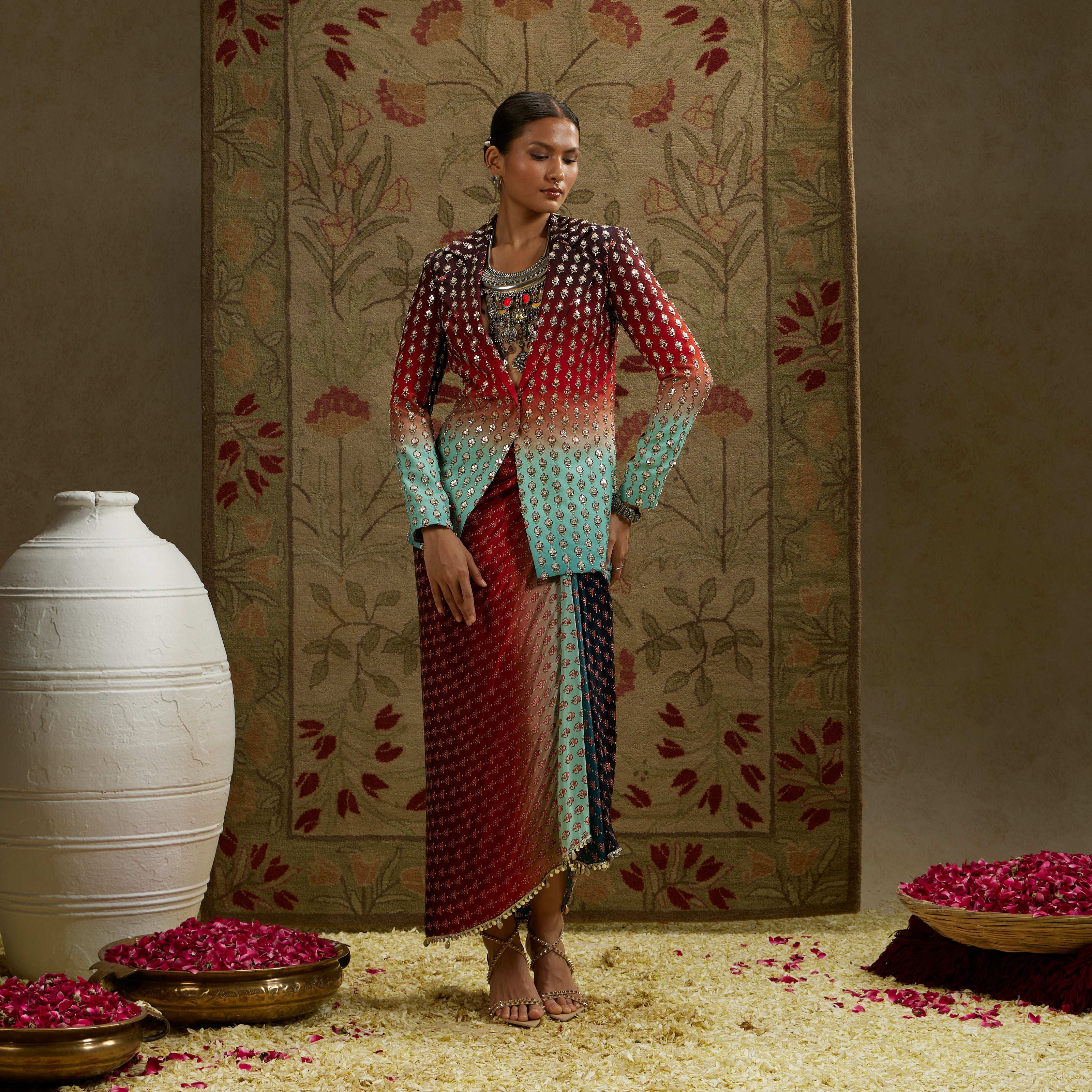 Red Blue Ombre Print Embellished Blazer Paired With Drape Skirt