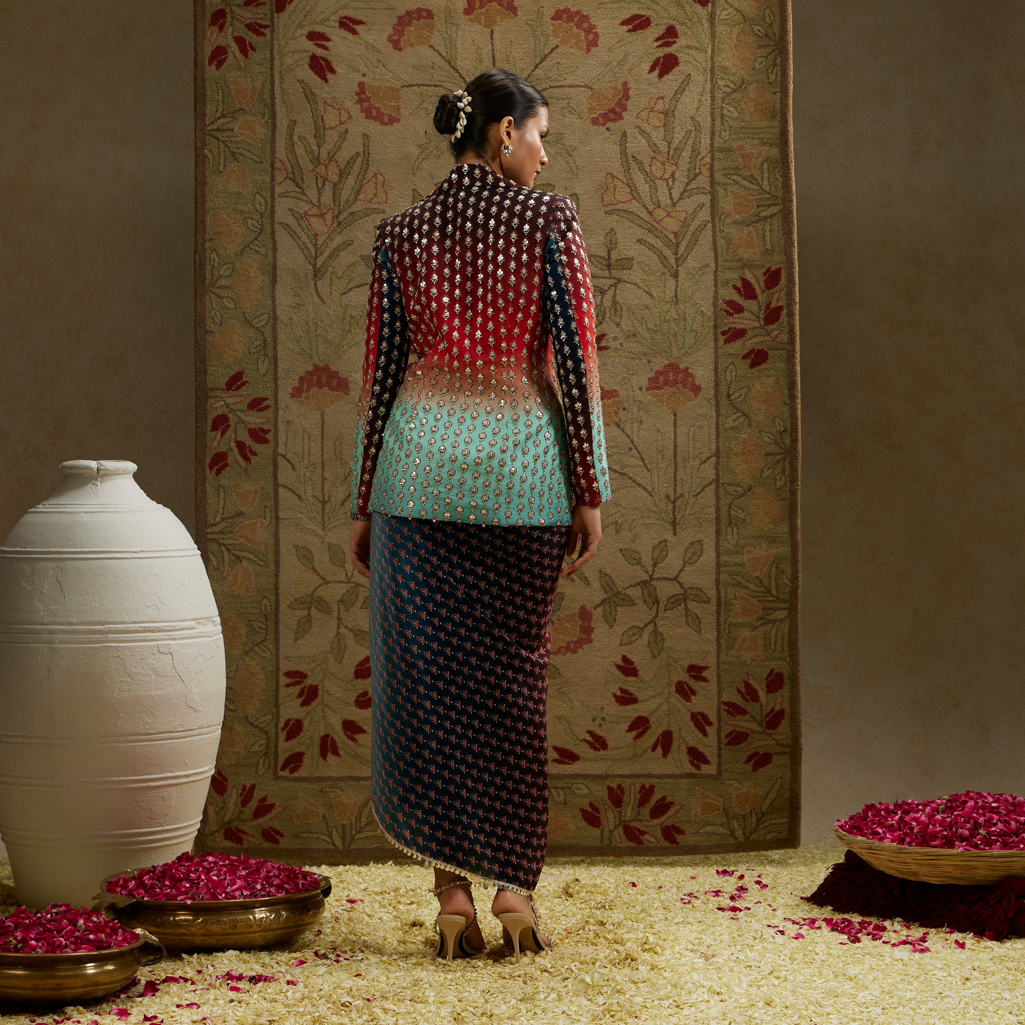 Red Blue Ombre Print Embellished Blazer Paired With Drape Skirt