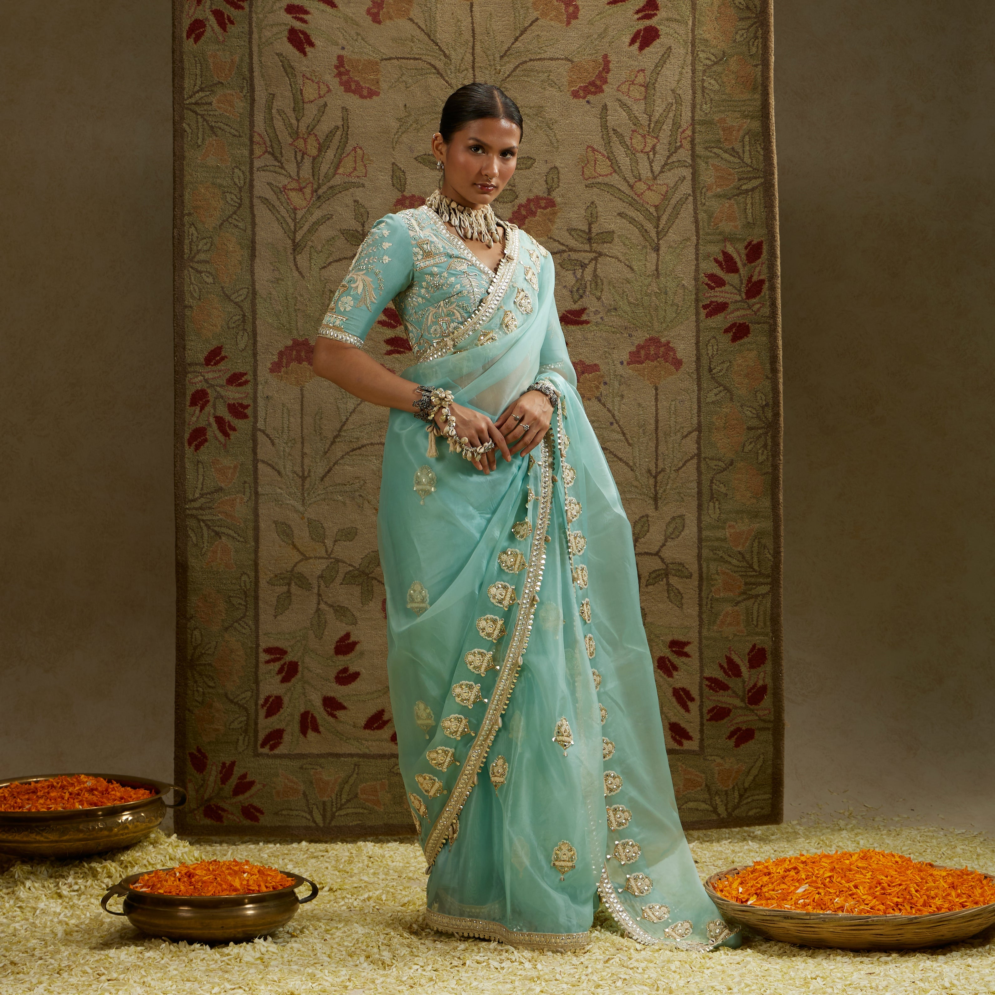 Teal Blue Organza Embellished Saree Paired With Embellished Blouse