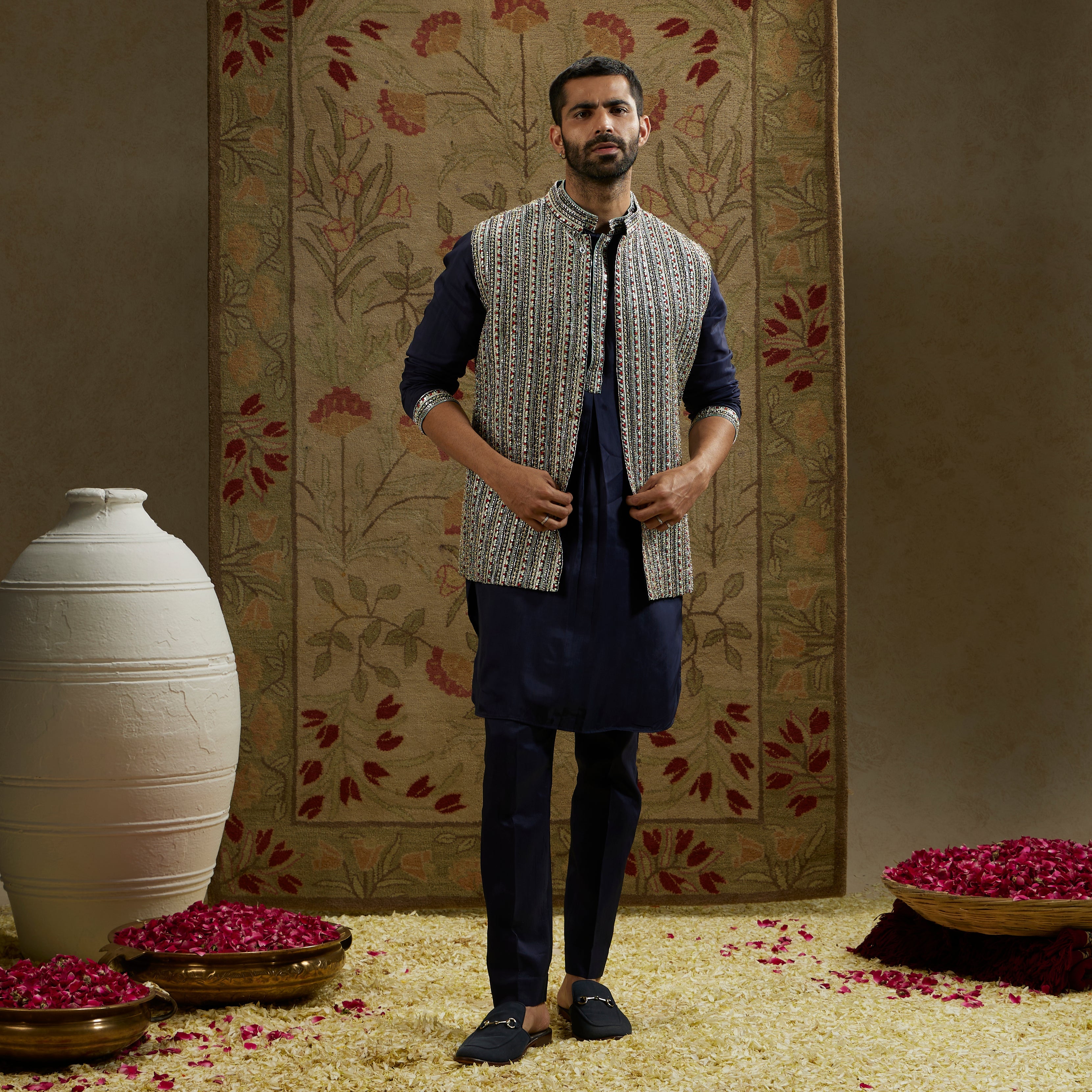 Blue Border Embellished Bundi