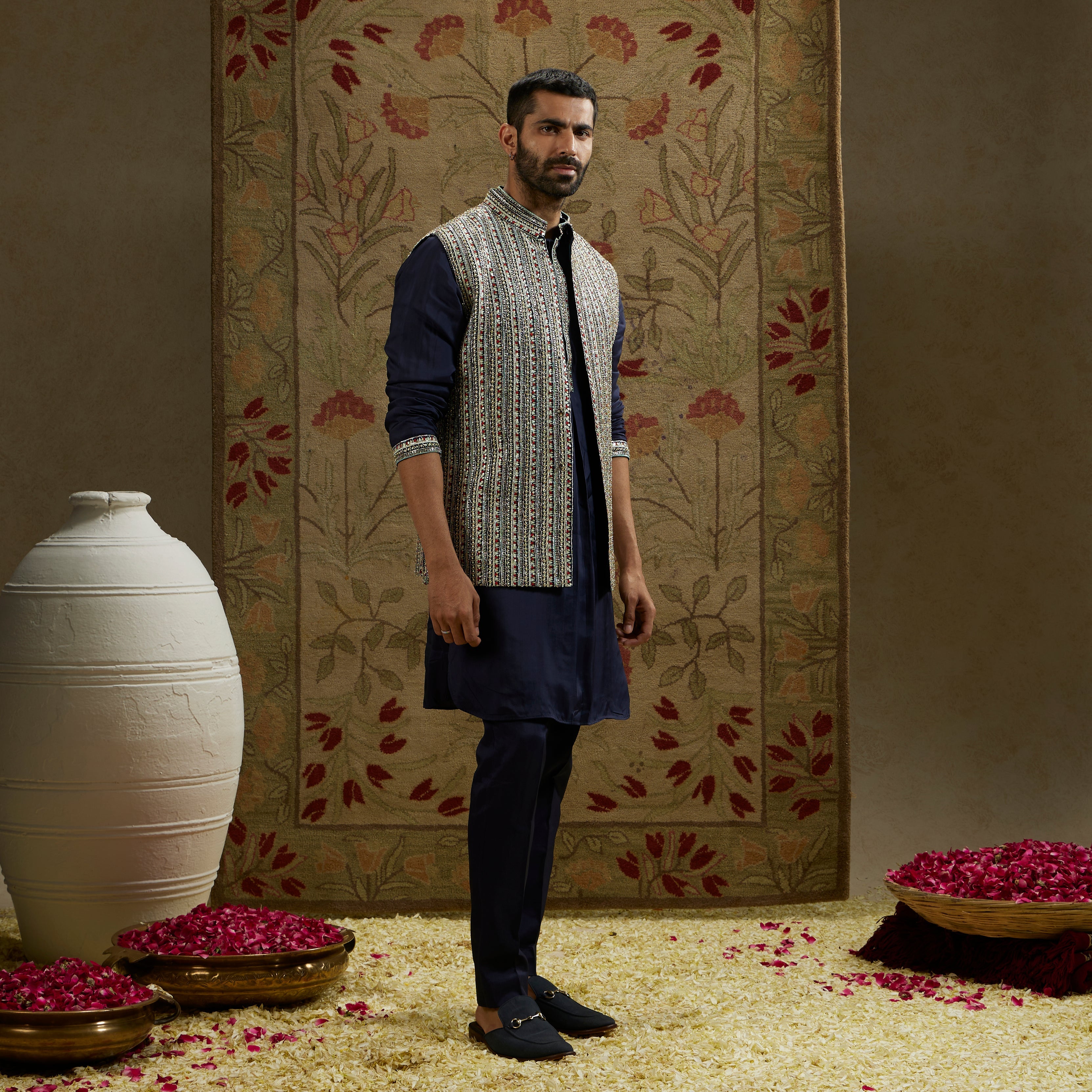 Blue Border Embellished Bundi