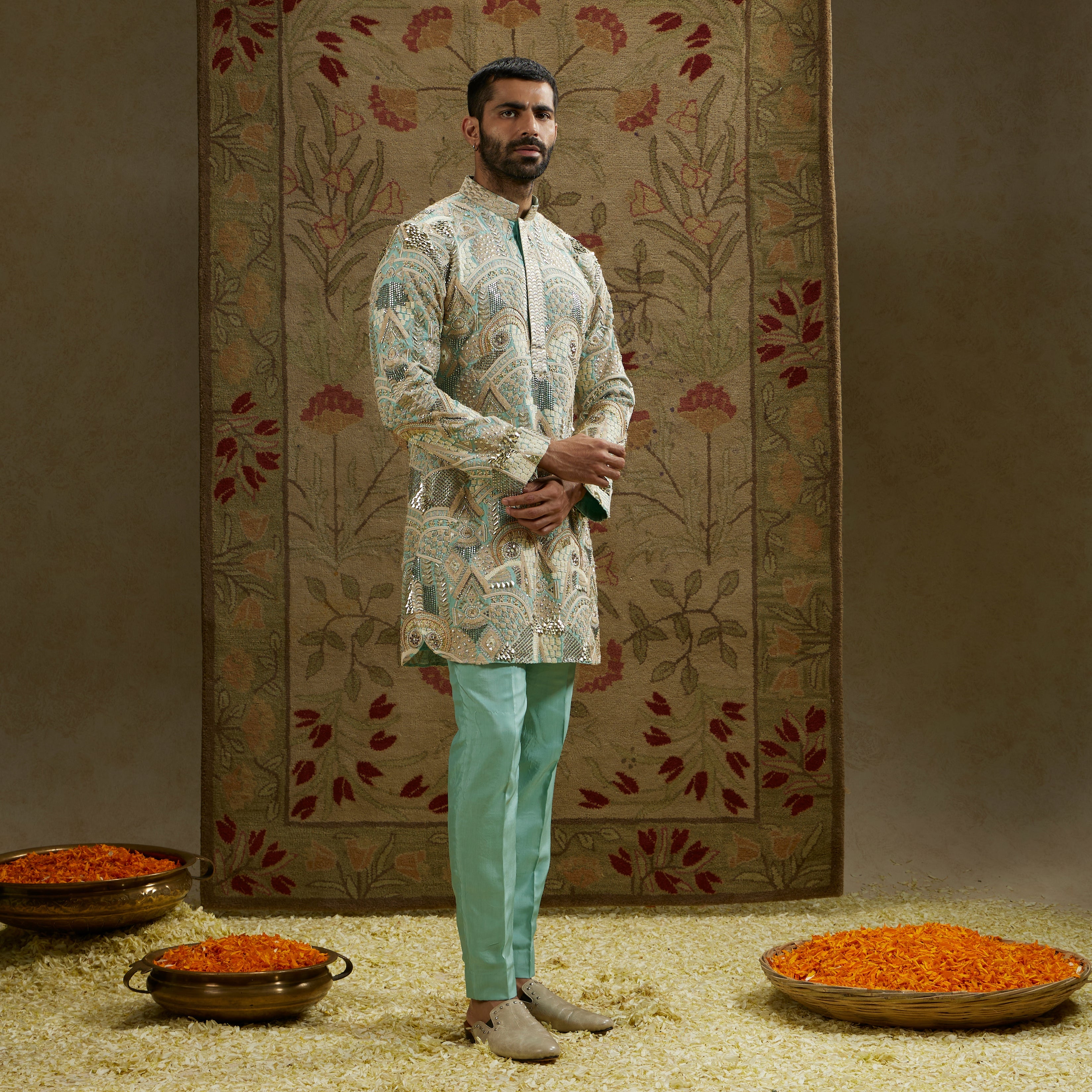 Teal Blue Embellished Kurta Set