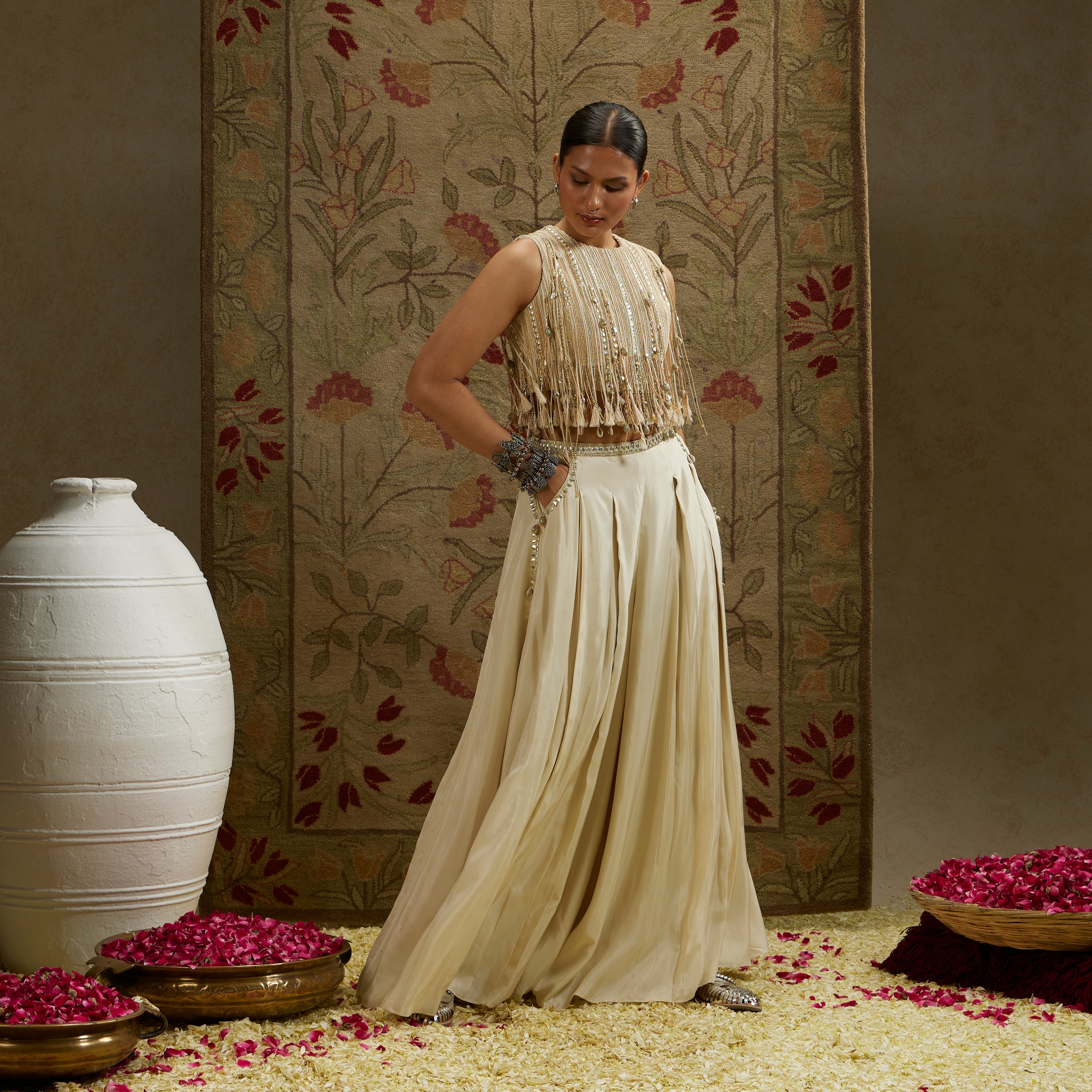 Magnolia Thread Tassel Croptop Paired With Pleated Pants