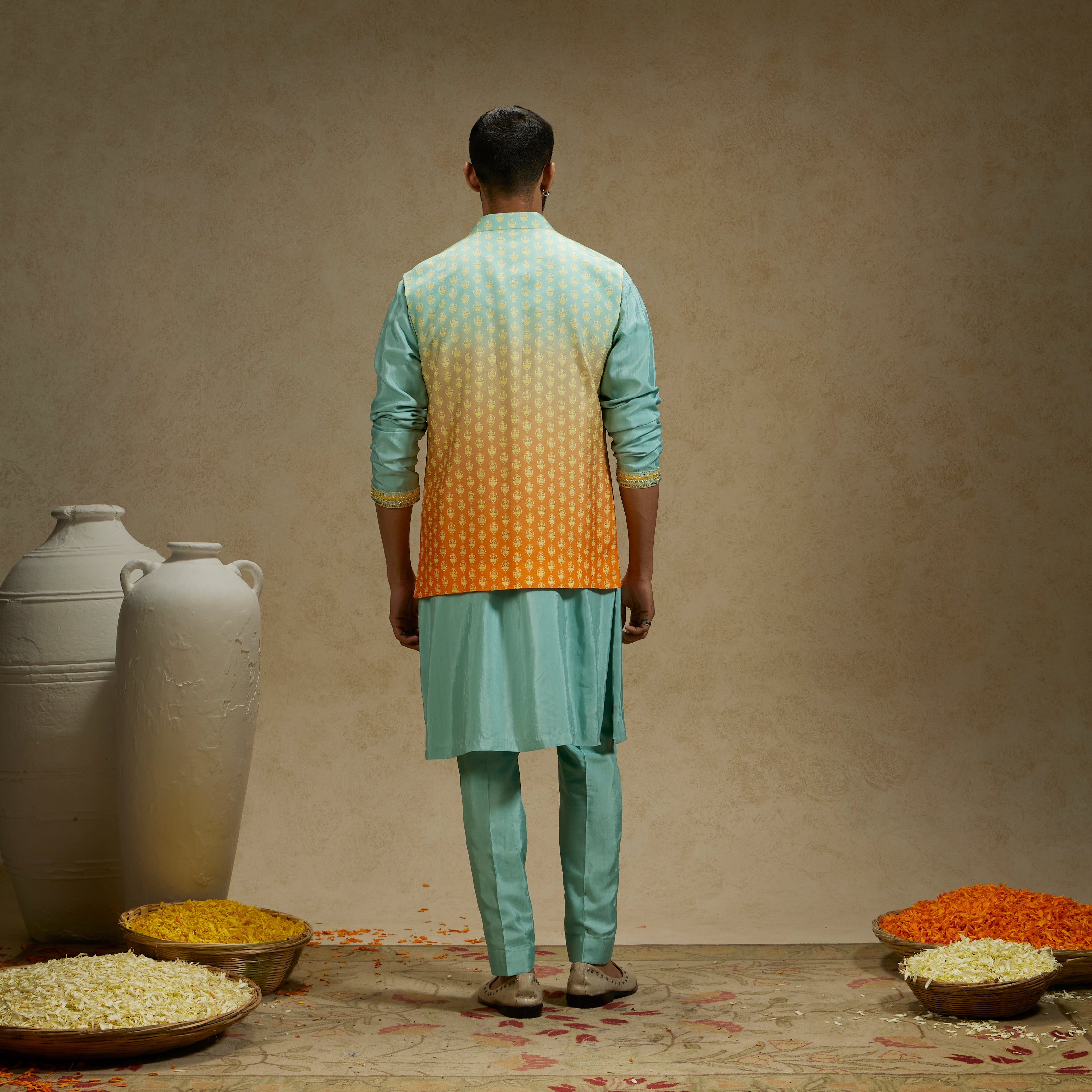Orange Blue Ombre Butti Printed Bundi