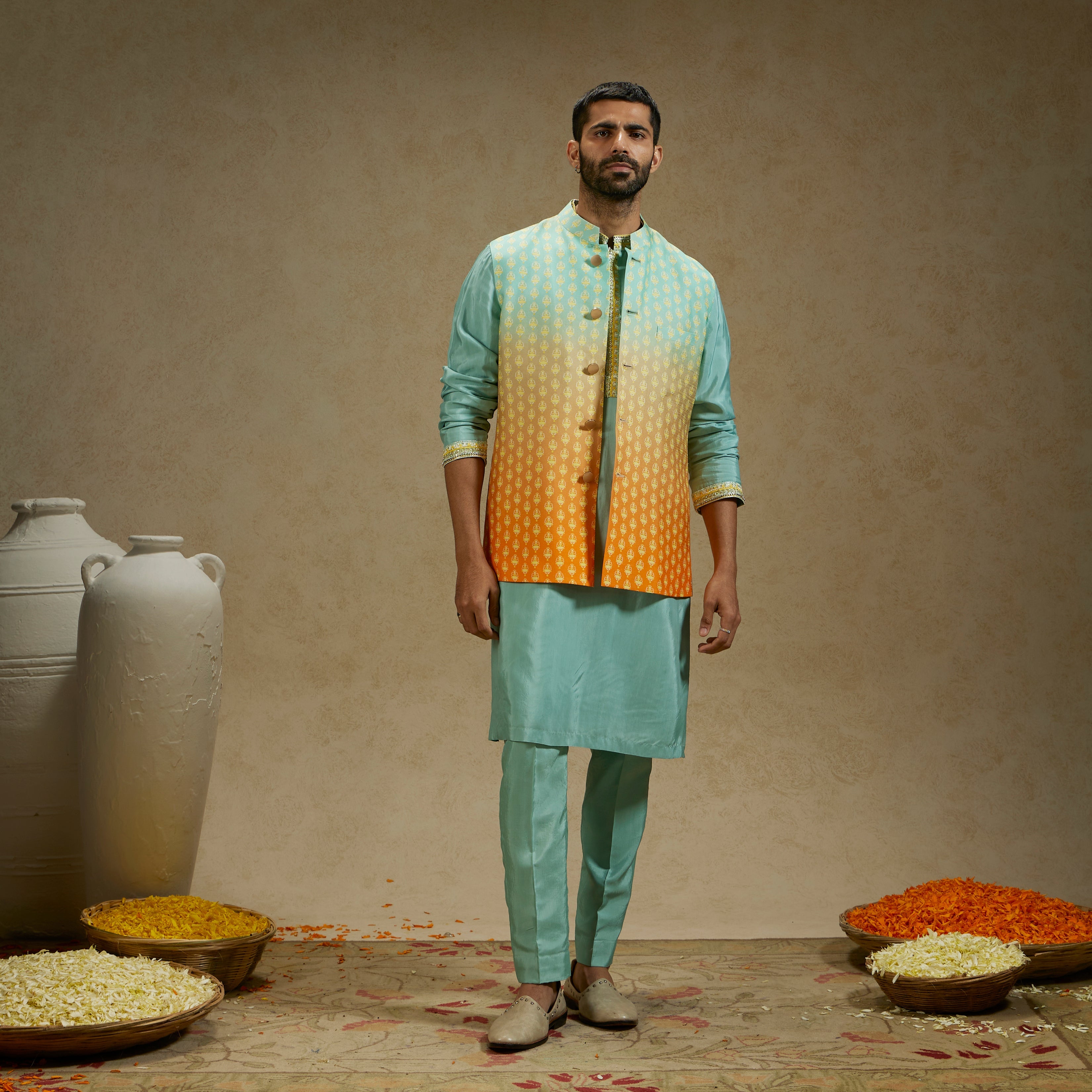 Orange Blue Ombre Butti Printed Bundi With Blue Kurta And Pant