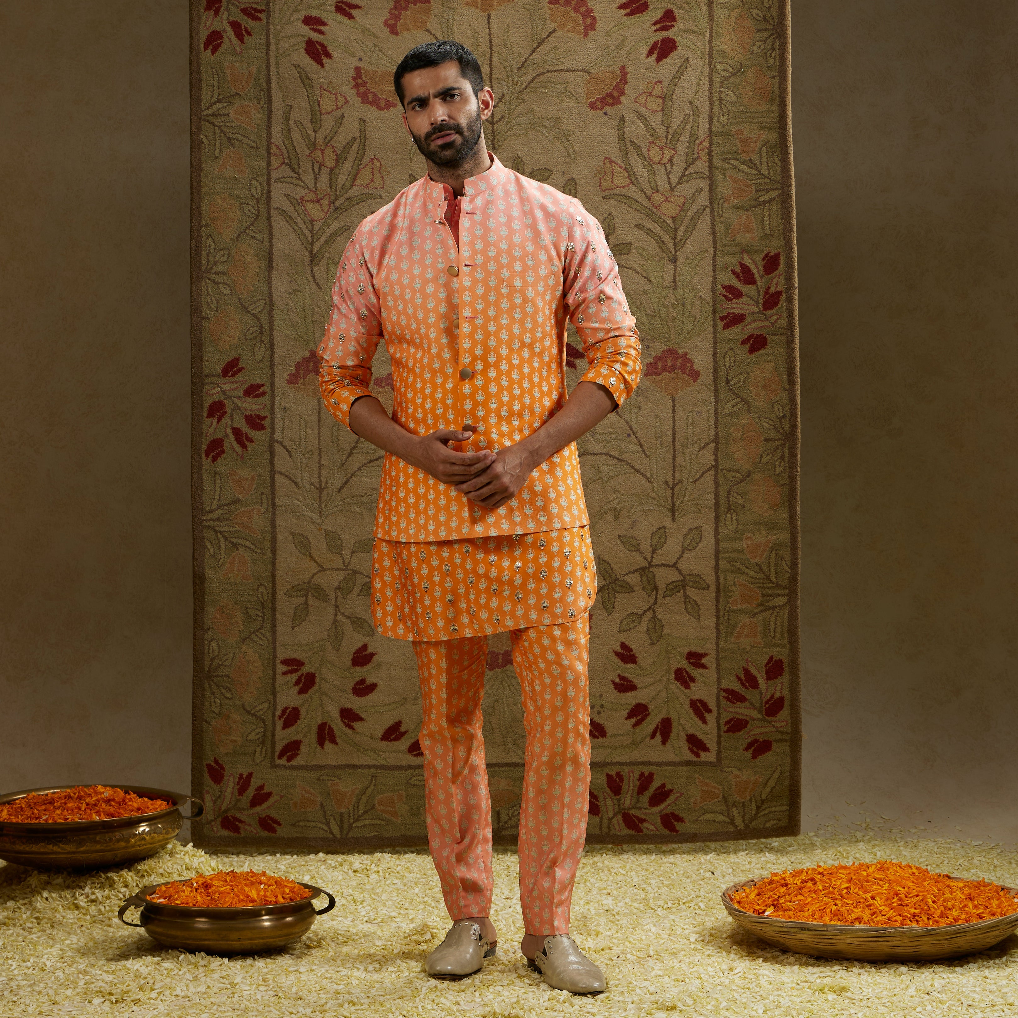 Orange Pink Ombre Butti Printed Bundi Set