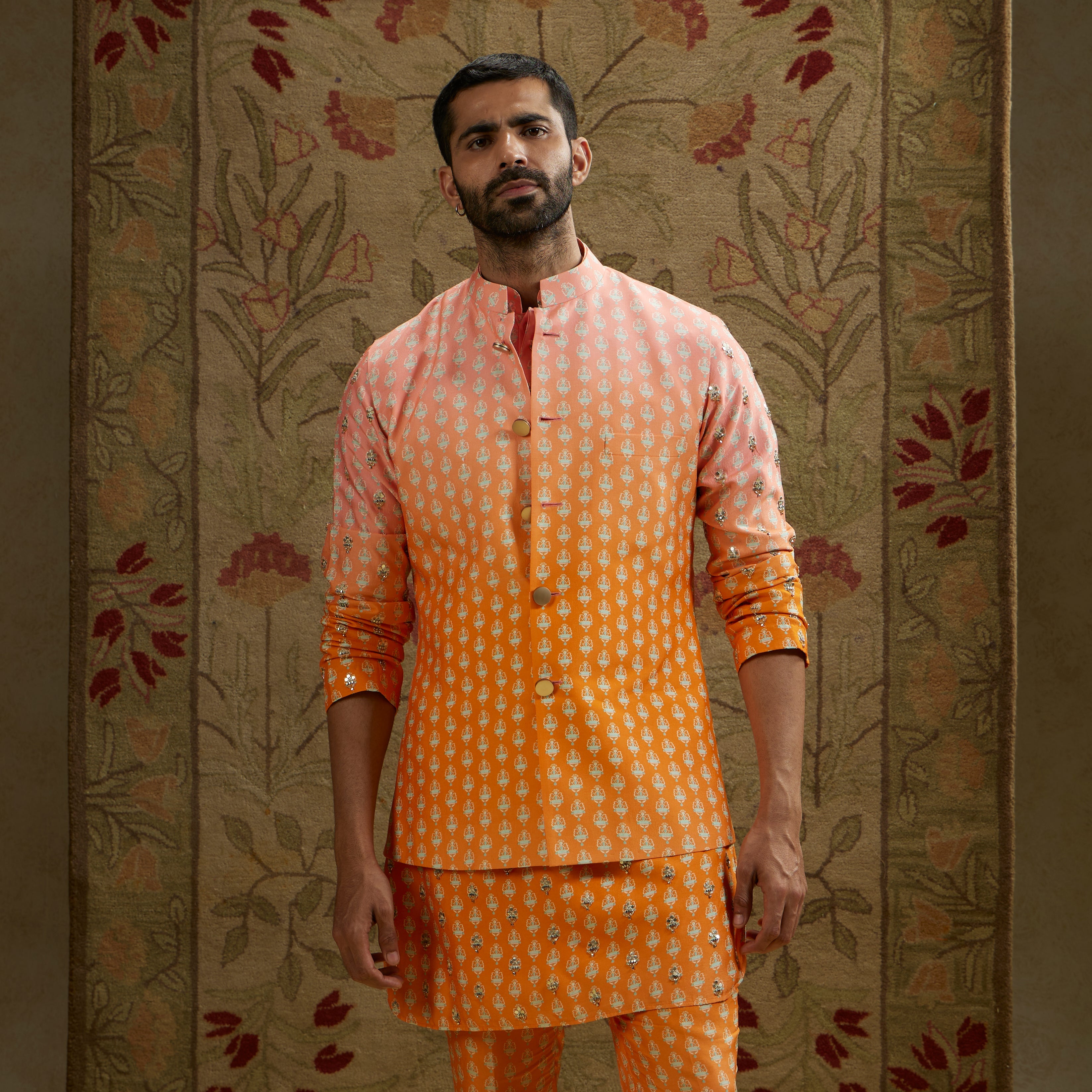 Orange Pink Ombre Butti Printed Bundi Set