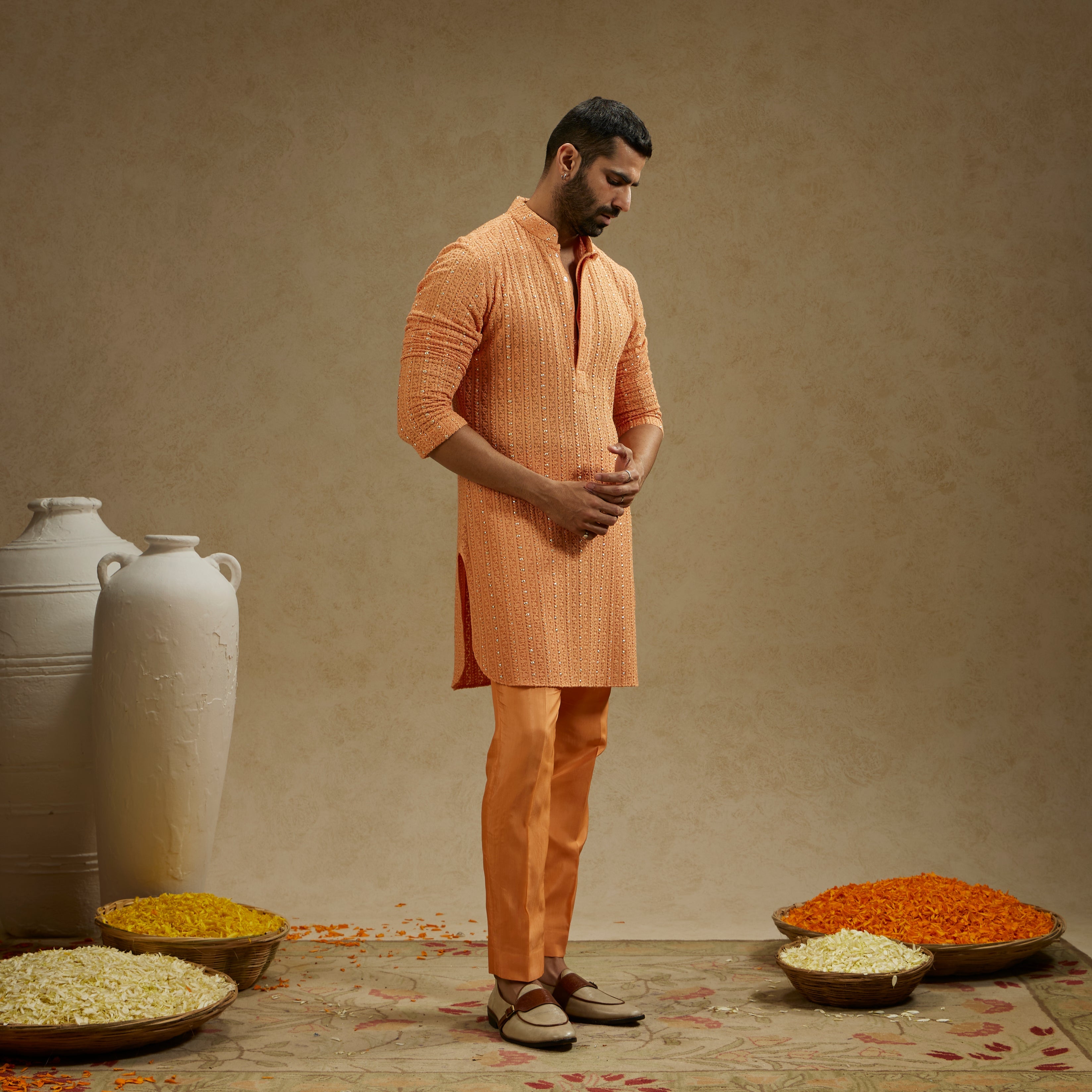 Orange Metal Embellished Lucknowi Kurta With Pants