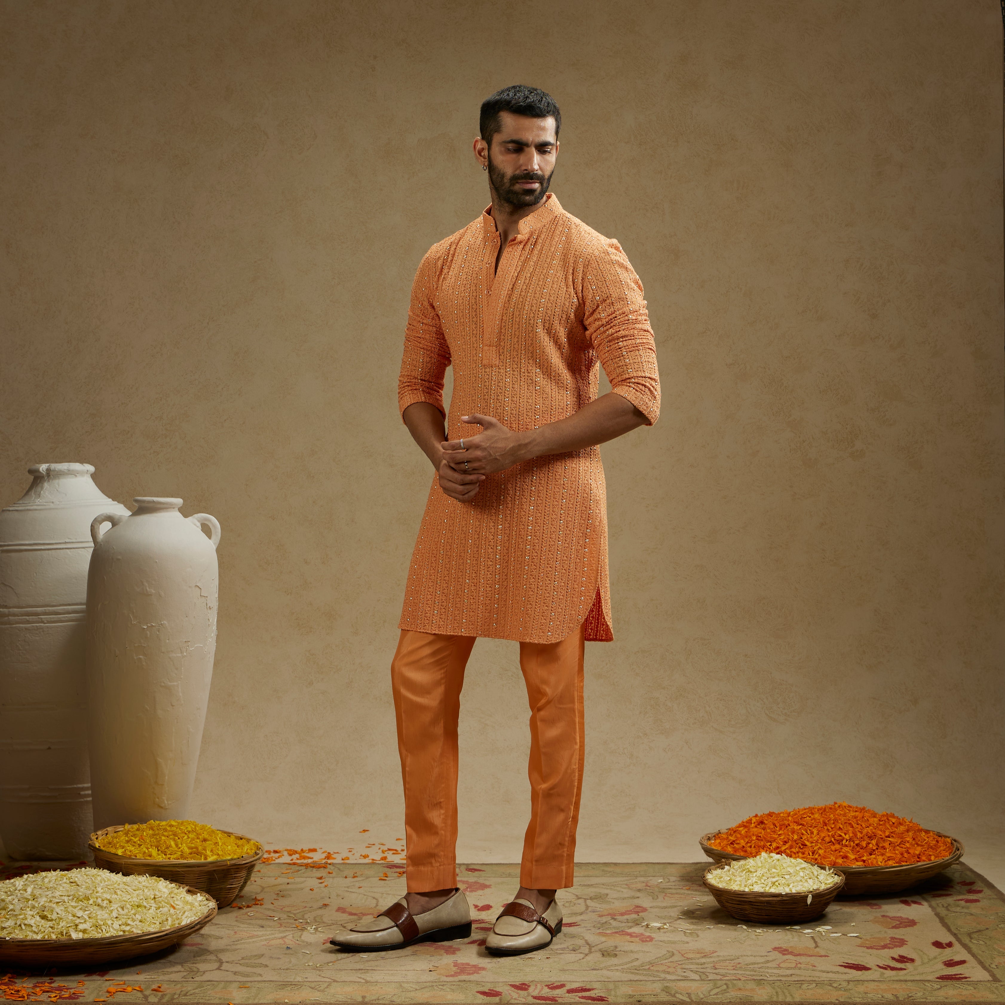 Orange Metal Embellished Lucknowi Kurta With Pants
