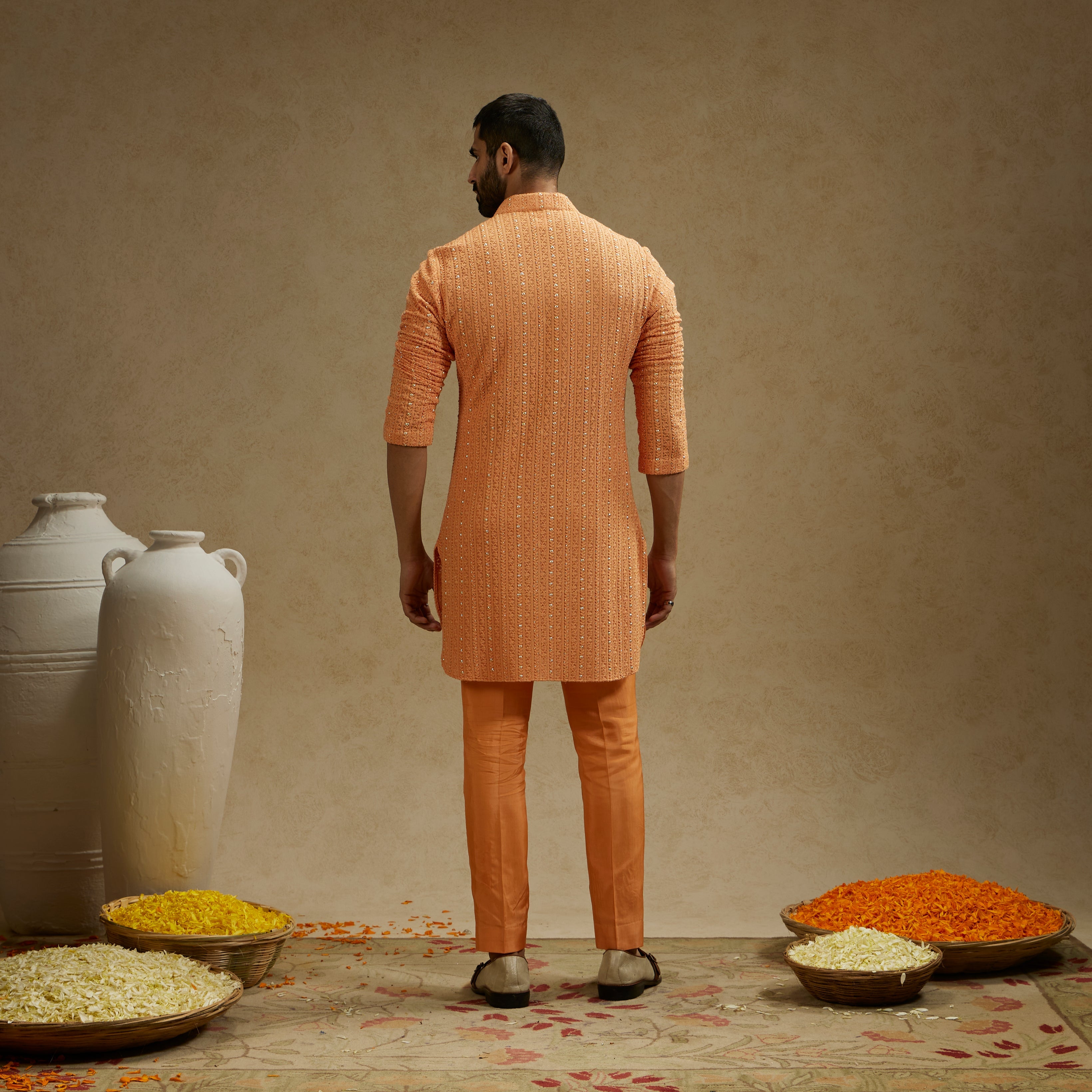 Orange Metal Embellished Lucknowi Kurta With Pants