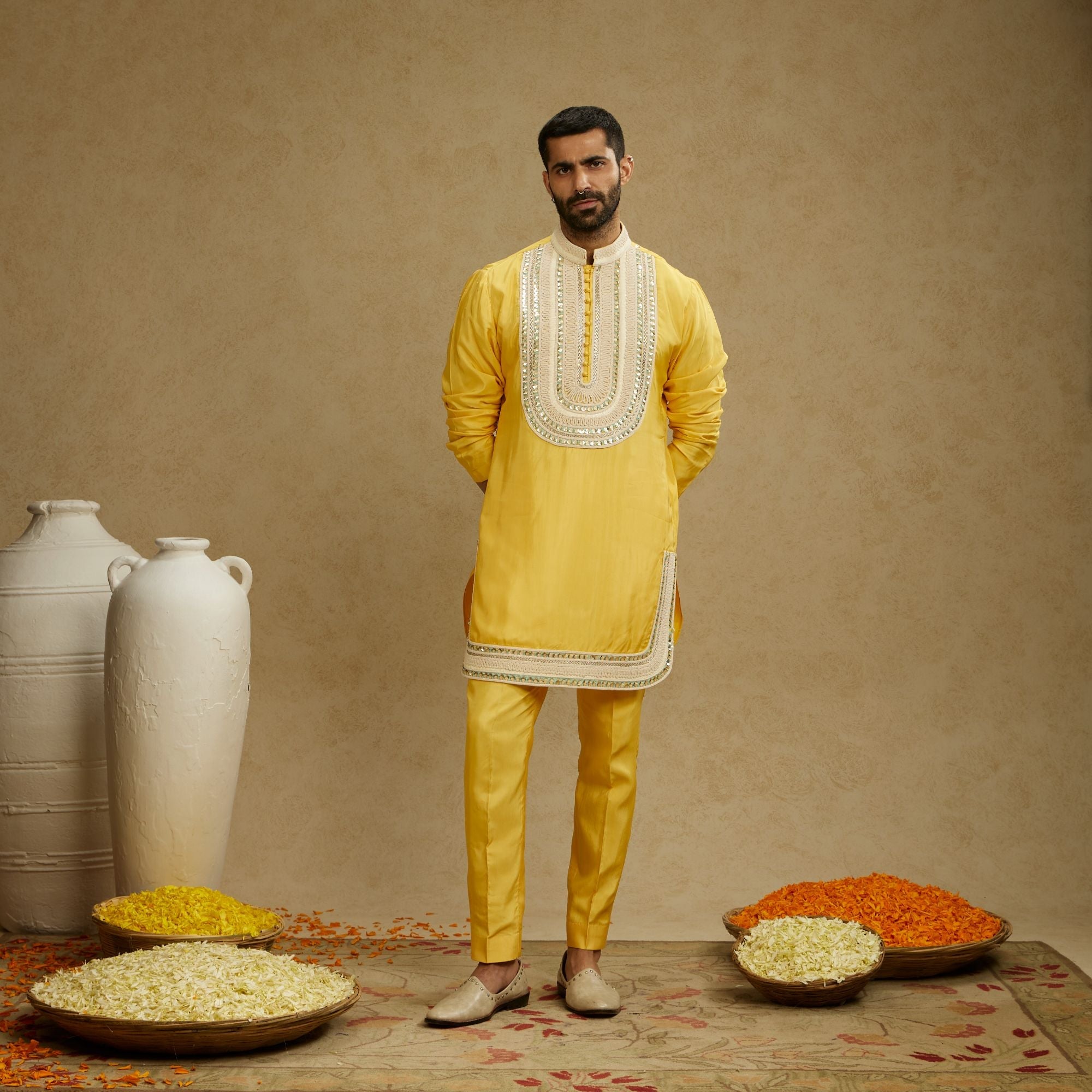 Dandelion Yellow Threadwork Yoke Embroidered Kurta With Pants