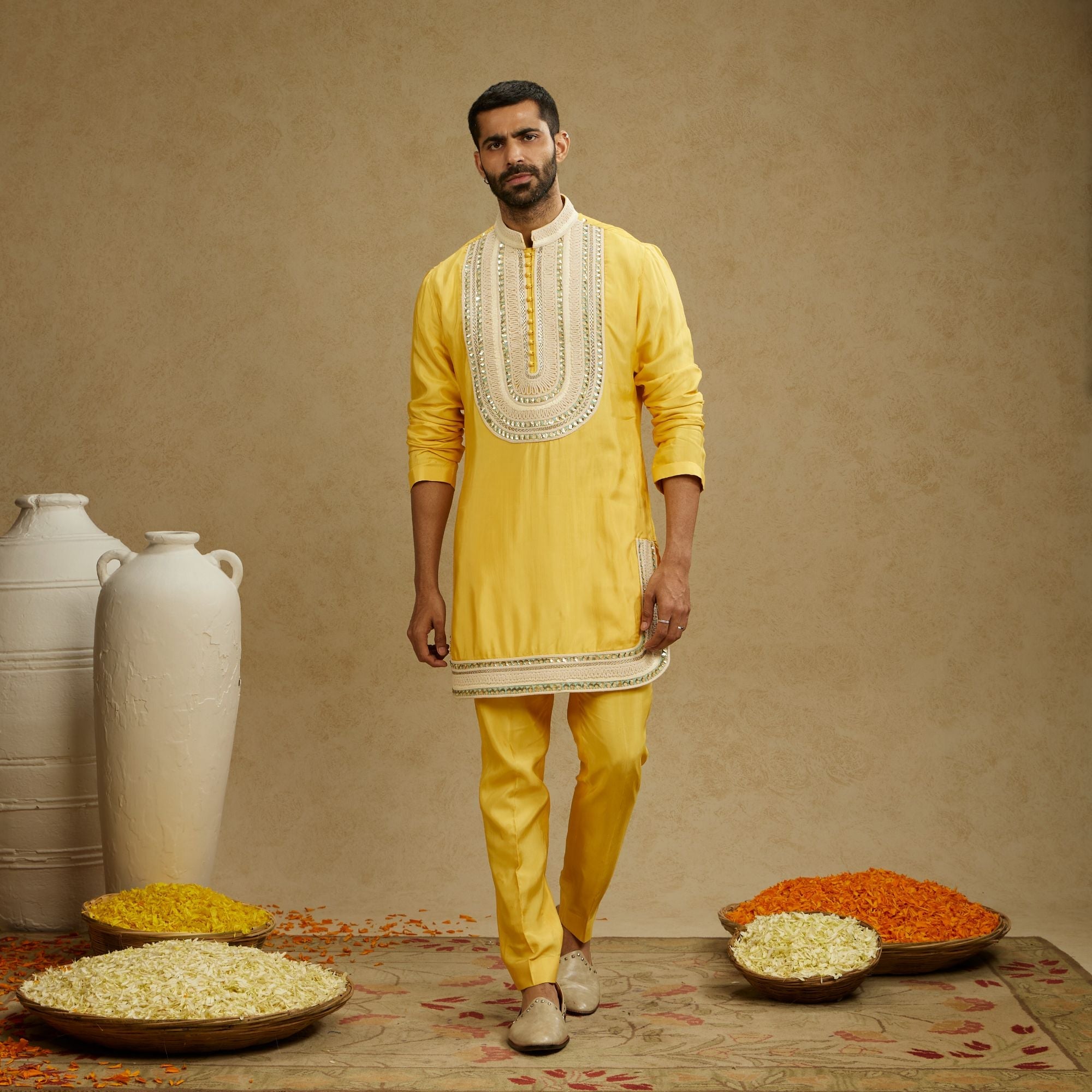 Dandelion Yellow Threadwork Yoke Embroidered Kurta With Pants