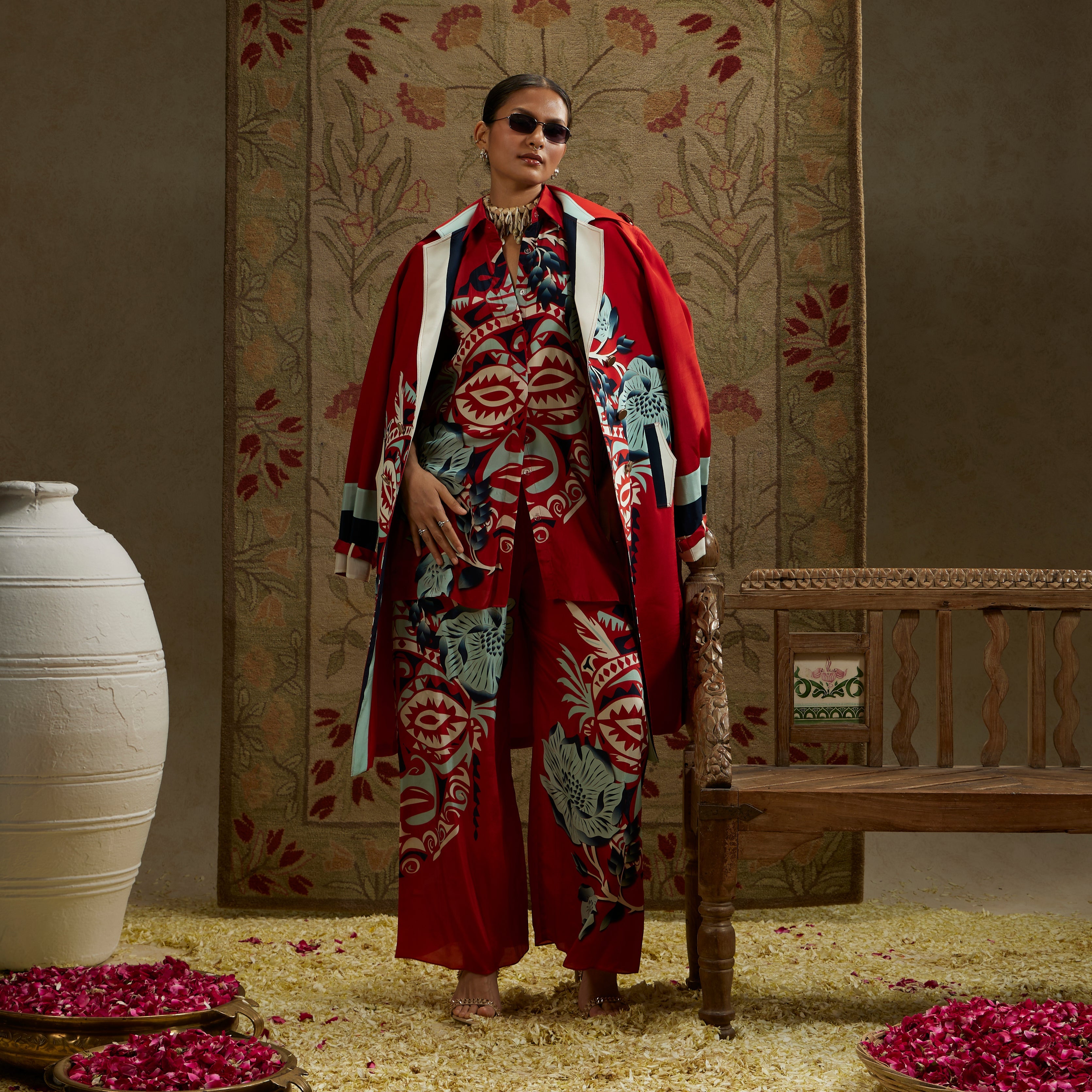 Red Printed Mask Trench Coat