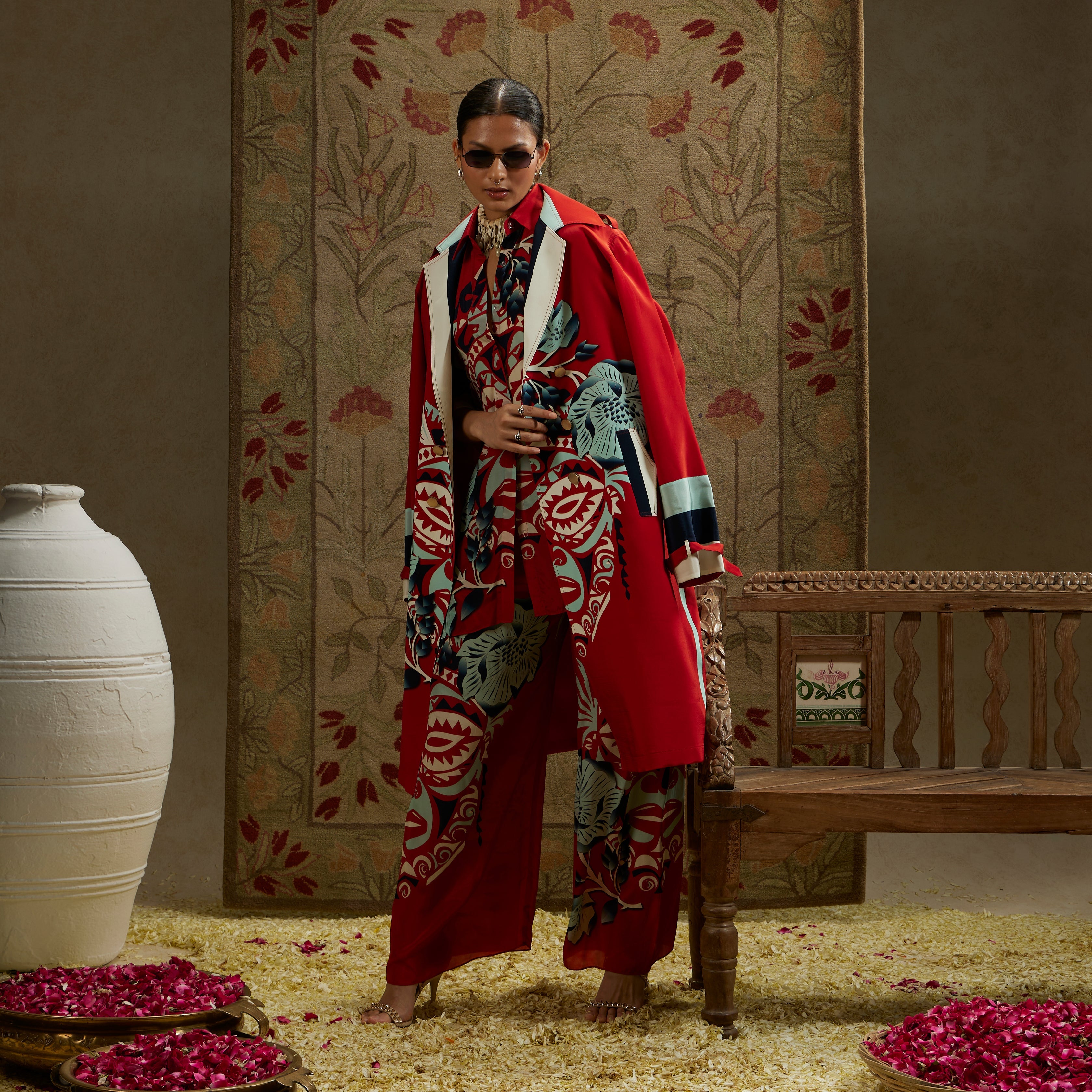 Red Printed Mask Trench Coat