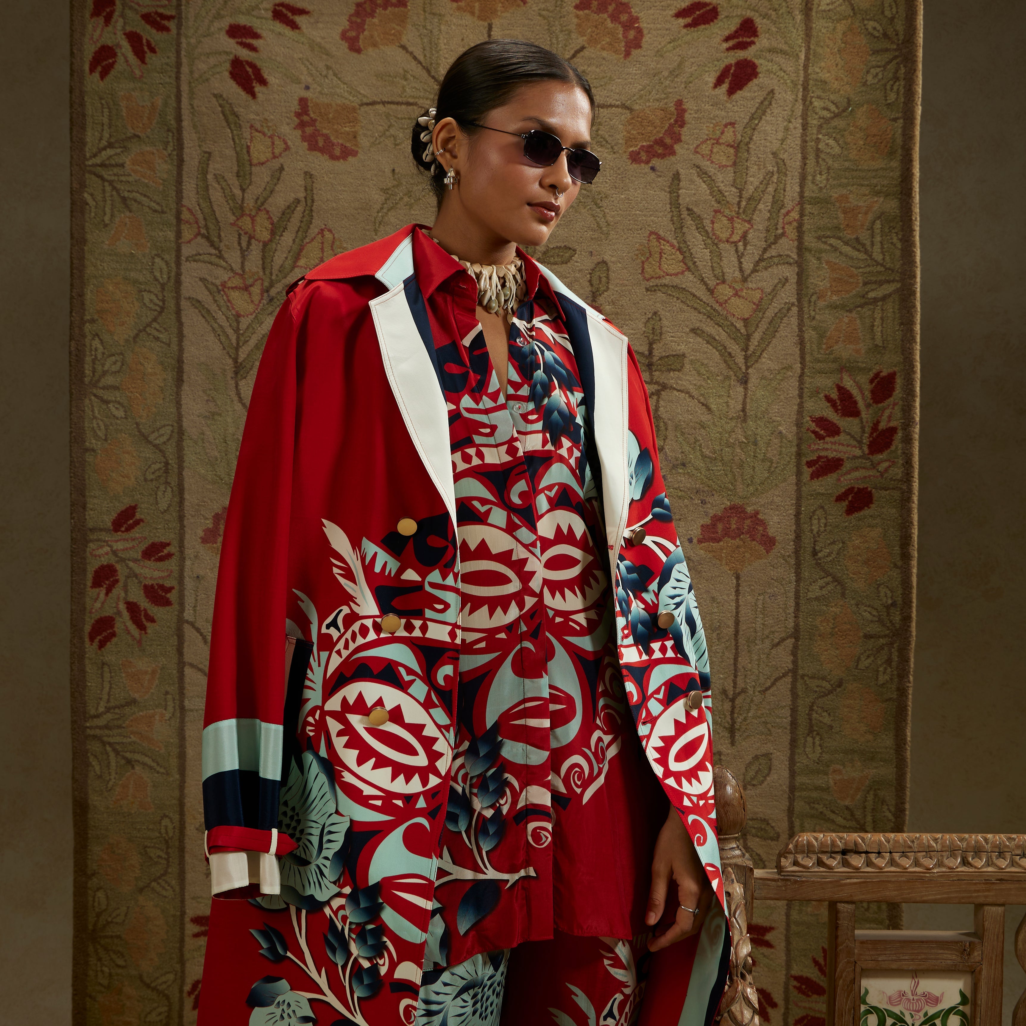 Red Printed Mask Trench Coat