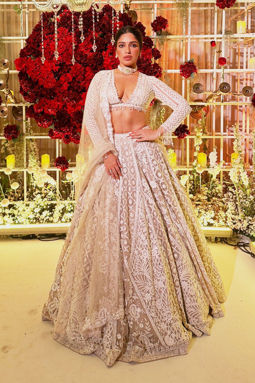 Bhumi Pednekar In Nude Cream Abstract Dori Lehenga Set
