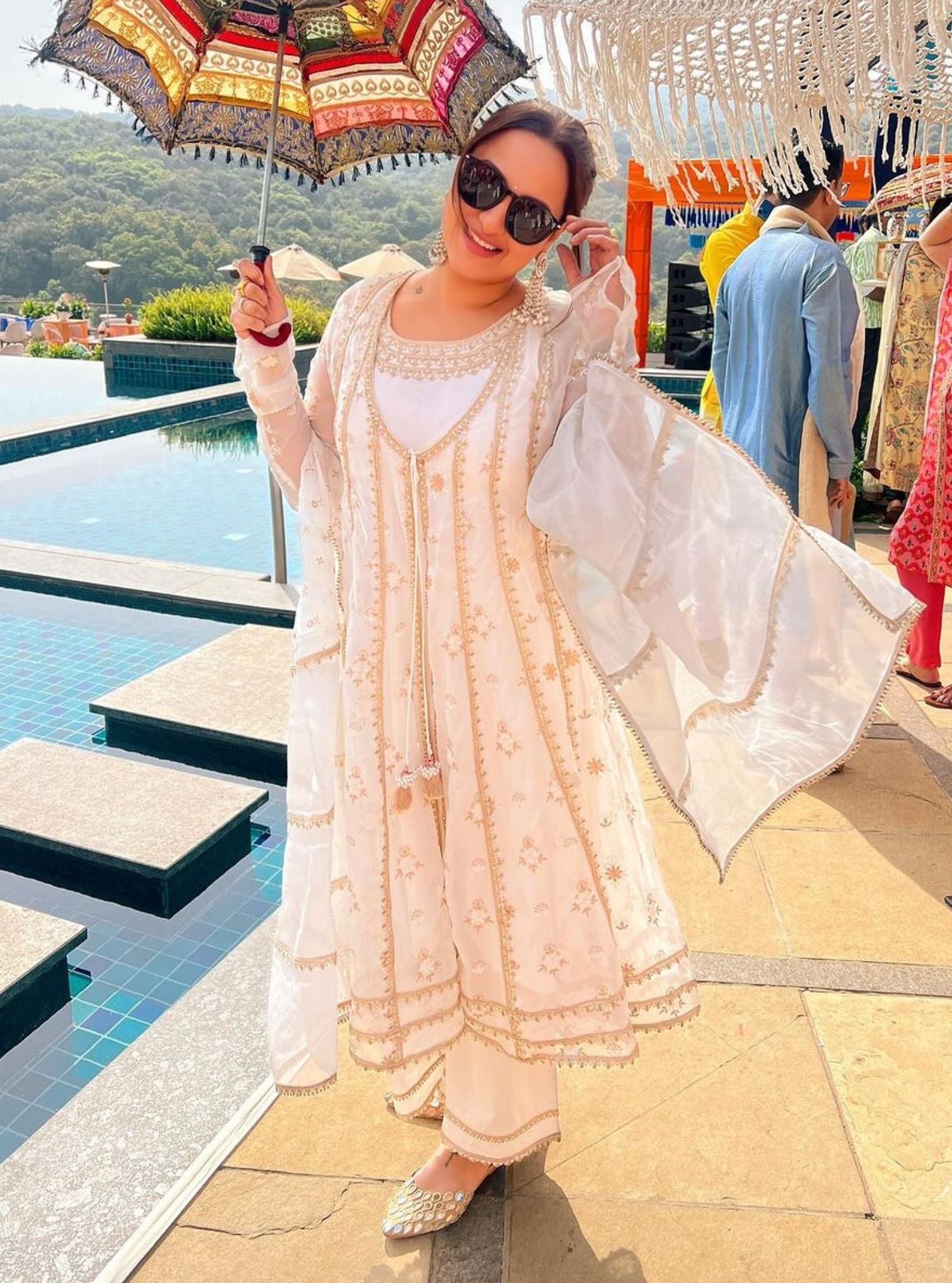 Mulmul Organza Agira Anarkali Off White Kurta With Mulmul Pima Agira Off White Pant