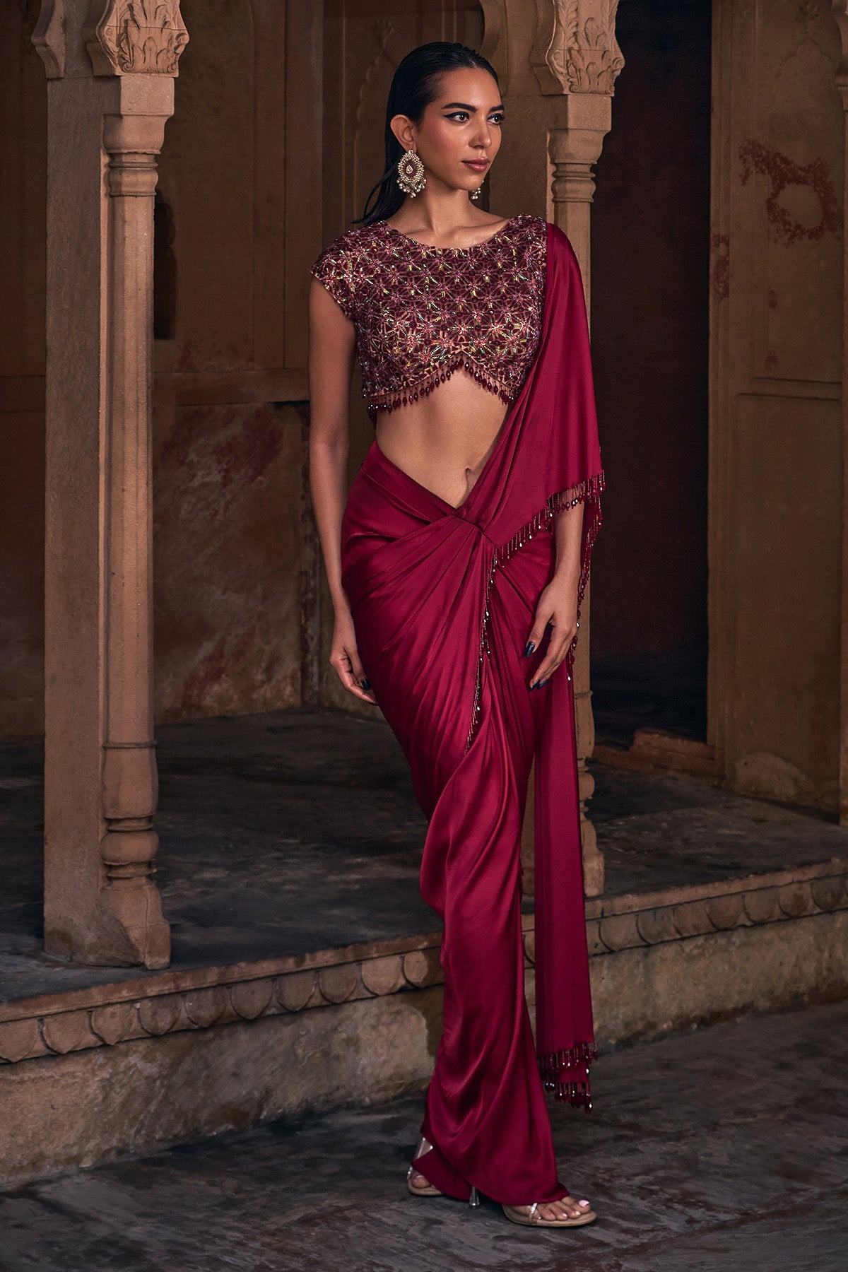 Maroon Embroidered Saree Set