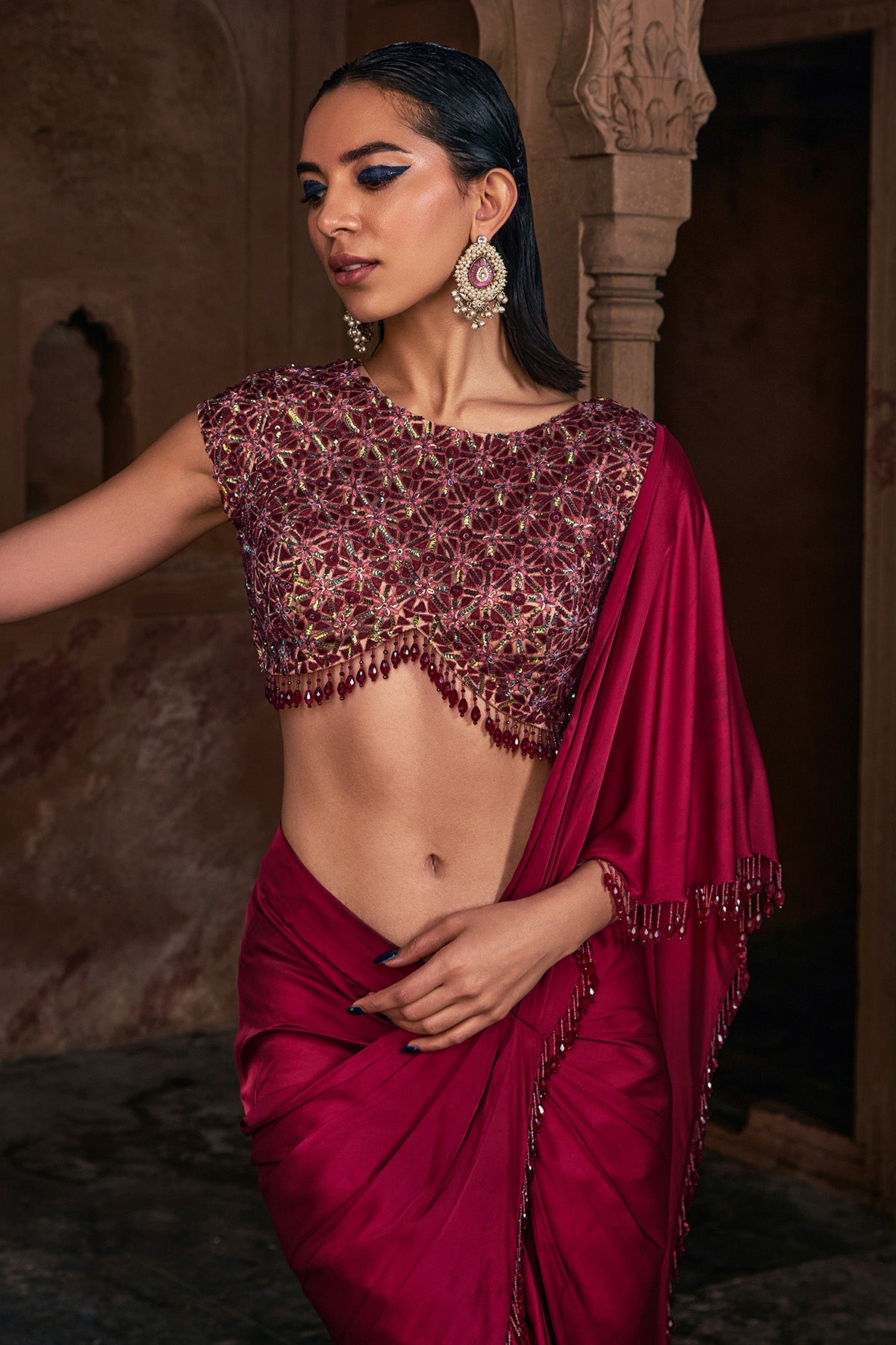 Maroon Embroidered Saree Set