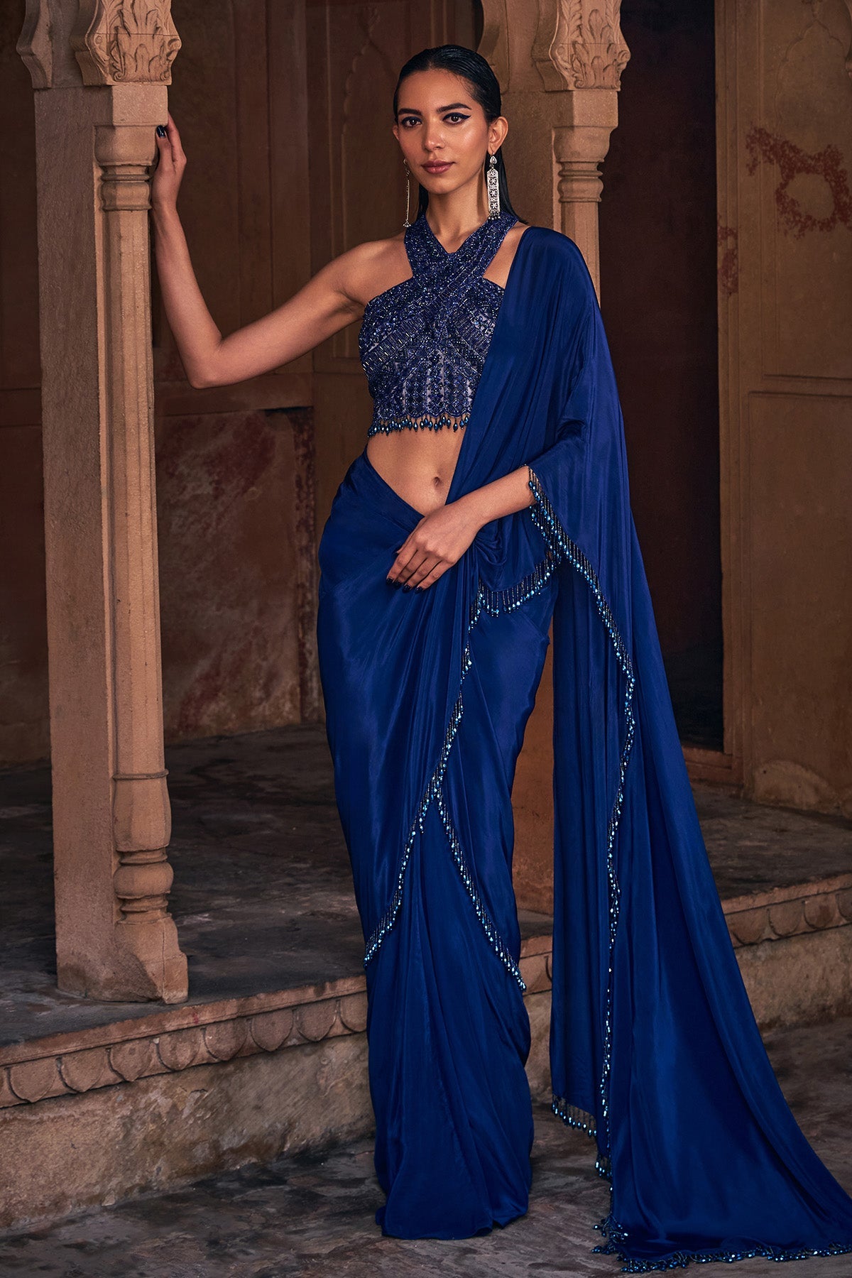 Dark Blue Embroidered Saree Set