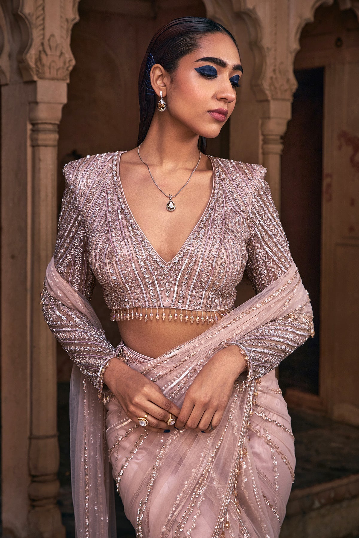 Rose Gold Embroidered Saree Set