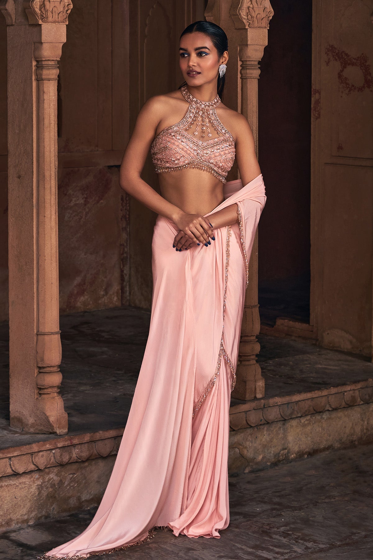 Champagne Gold Embroidered Saree Set