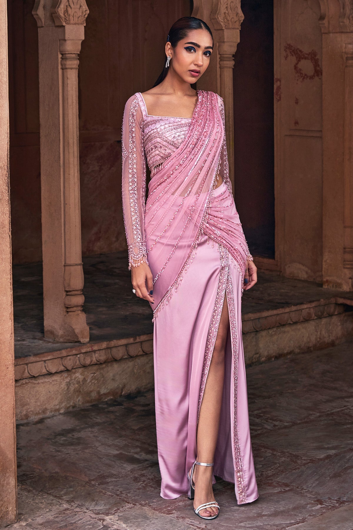 Onion Pink Embroidered Saree Set